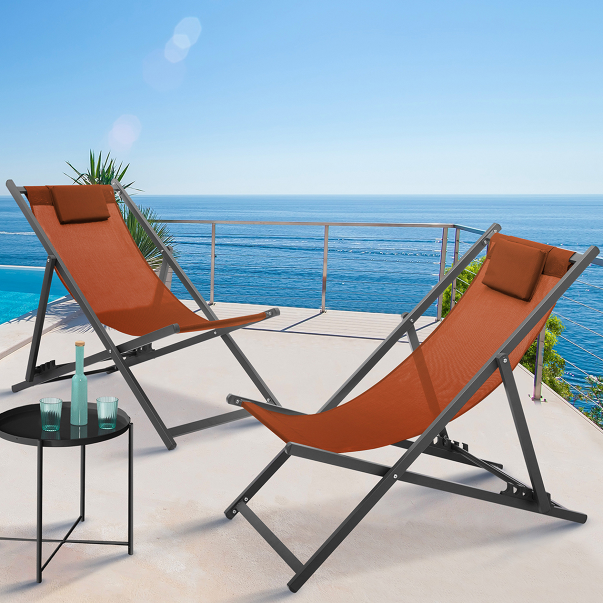 ID MARKET Lot de 2 chiliennes LOTA en acier et toile textilène terracotta