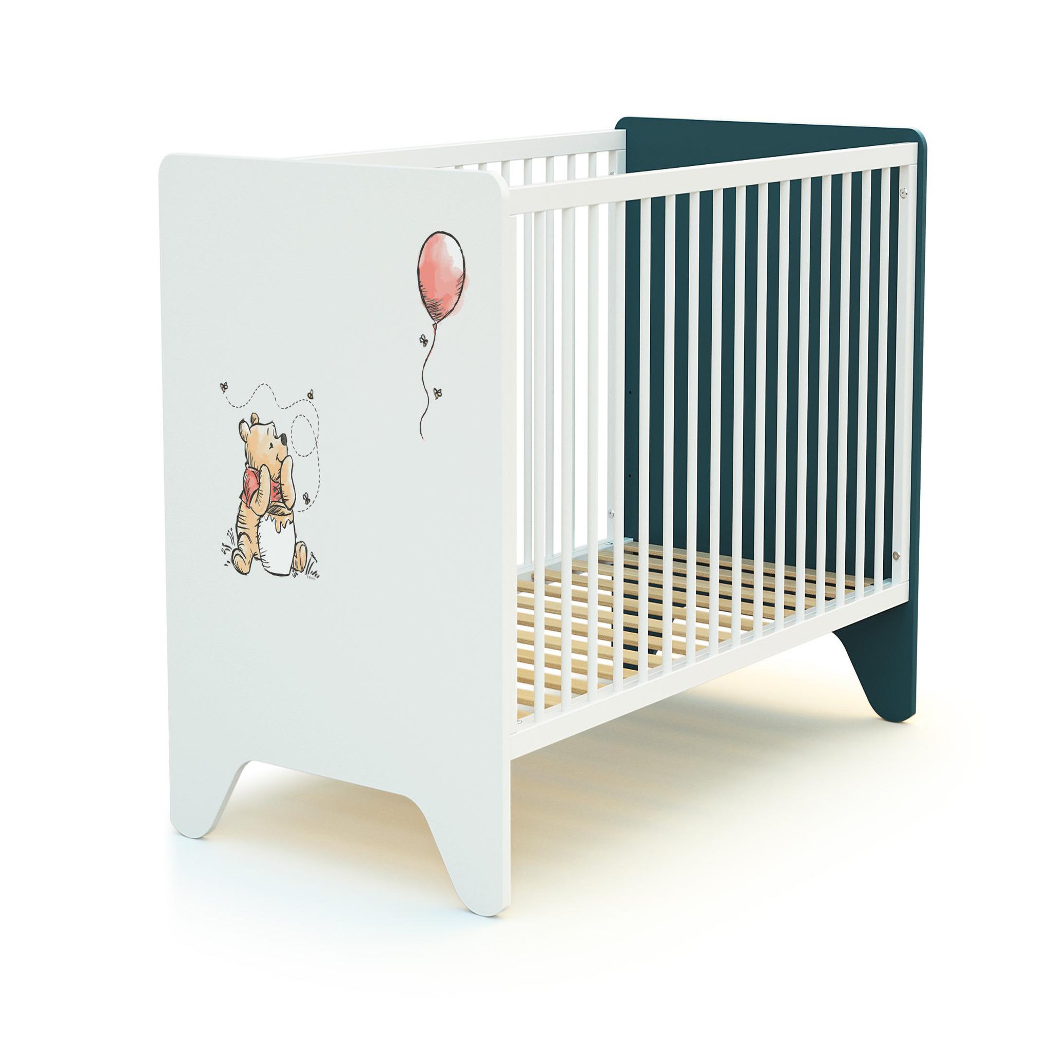 Voir la diapositive 6 : AT4 Ensemble lit bébé 60x120 cm et commode à langer 3 tiroirs WINNIE BALLON DISNEY Bleu canard