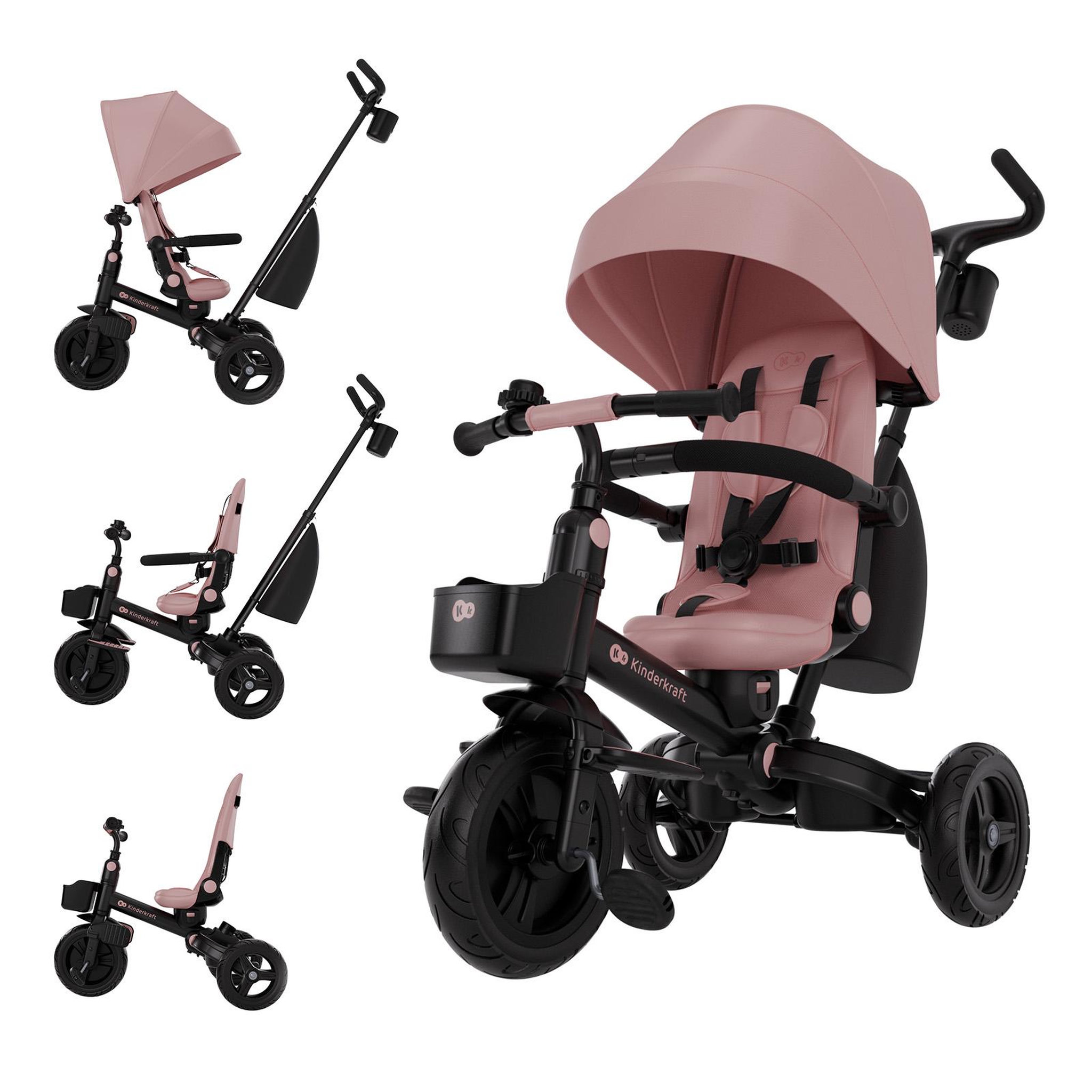 KINDERKRAFT Tricycle Kinderkraft AVEO 2 PLUS 6-en-1 évolutif, siège 360°, position allongée, canopy UPF50+, pliage rapide, Rose