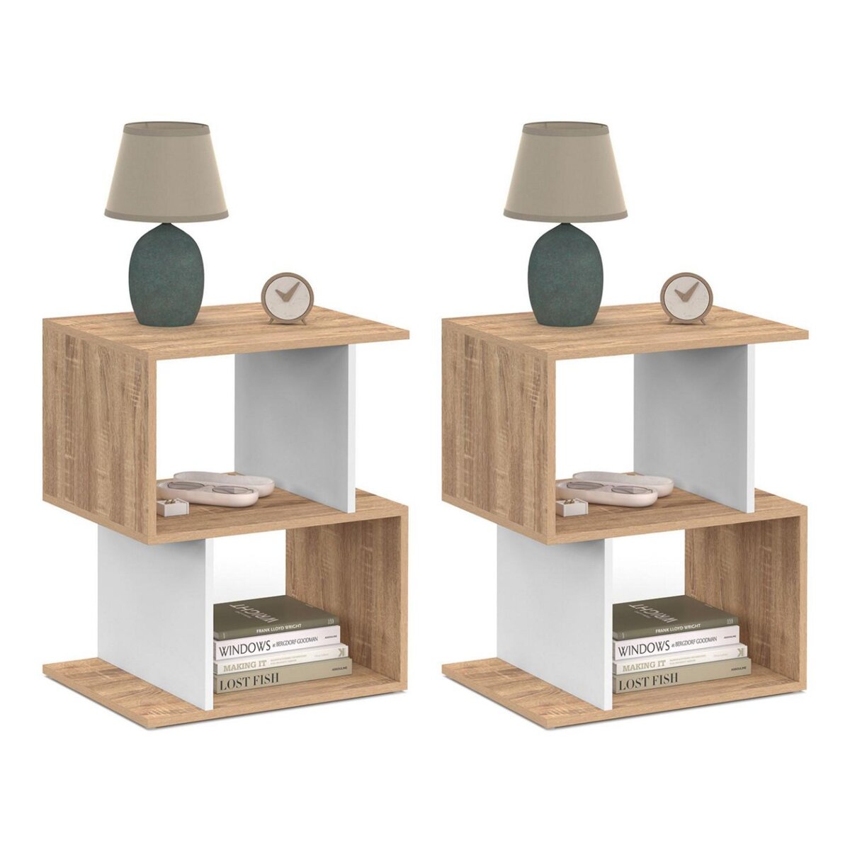 ID MARKET Lot de 2 tables de chevet SOFIA forme S avec rangements ouverts effet hêtre et blanc