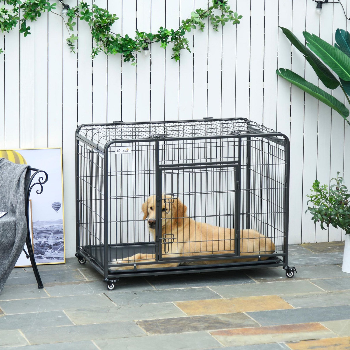 PAWHUT Cage pour chien pliable cage de transport sur roulettes 2 portes verrouillables plateau amovible dim. 109,5L x 71l x 78H cm métal gris noir
