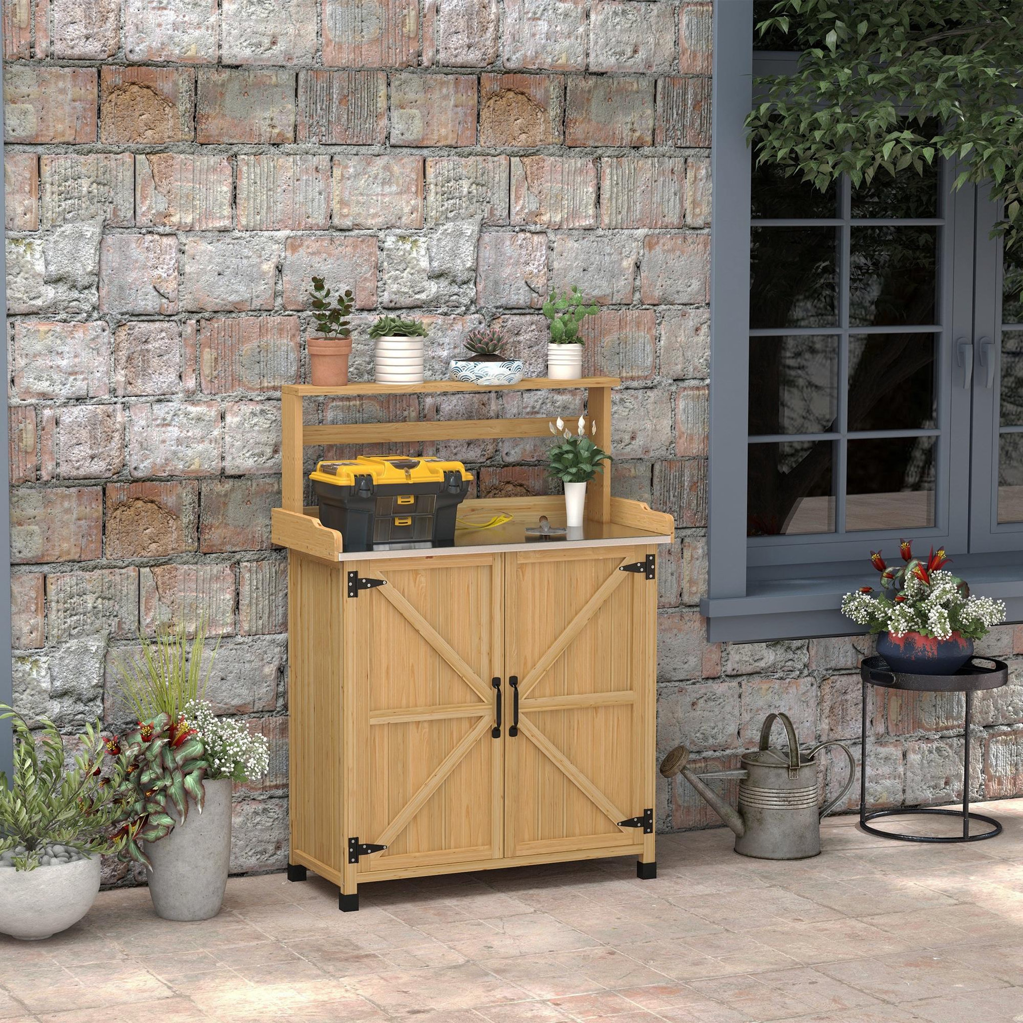Voir la diapositive 2 : OUTSUNNY Table de rempotage jardinage - étagères, 2 portes avec étagère - plateau tôle acier galvanisé - bois sapin pré-huilé