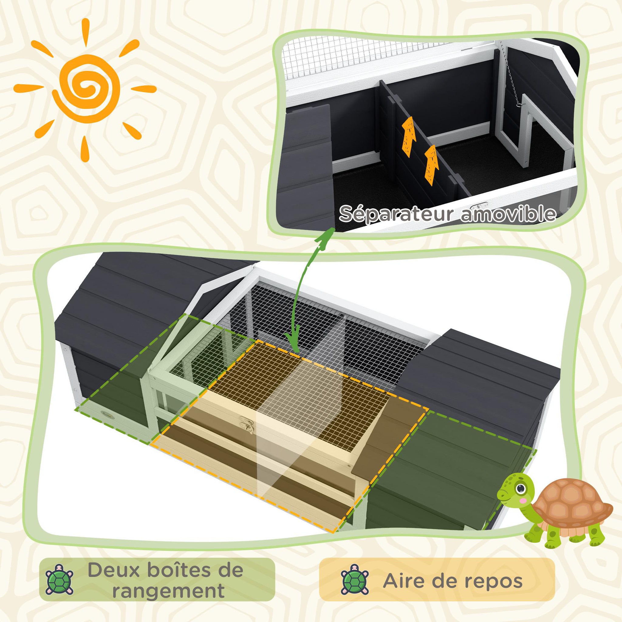 Voir la diapositive 4 : PAWHUT Maison tortue terrestre extérieure - enclos tortue 2 niches, support lampe réglable, toit ouvrable - acrylique bois gris