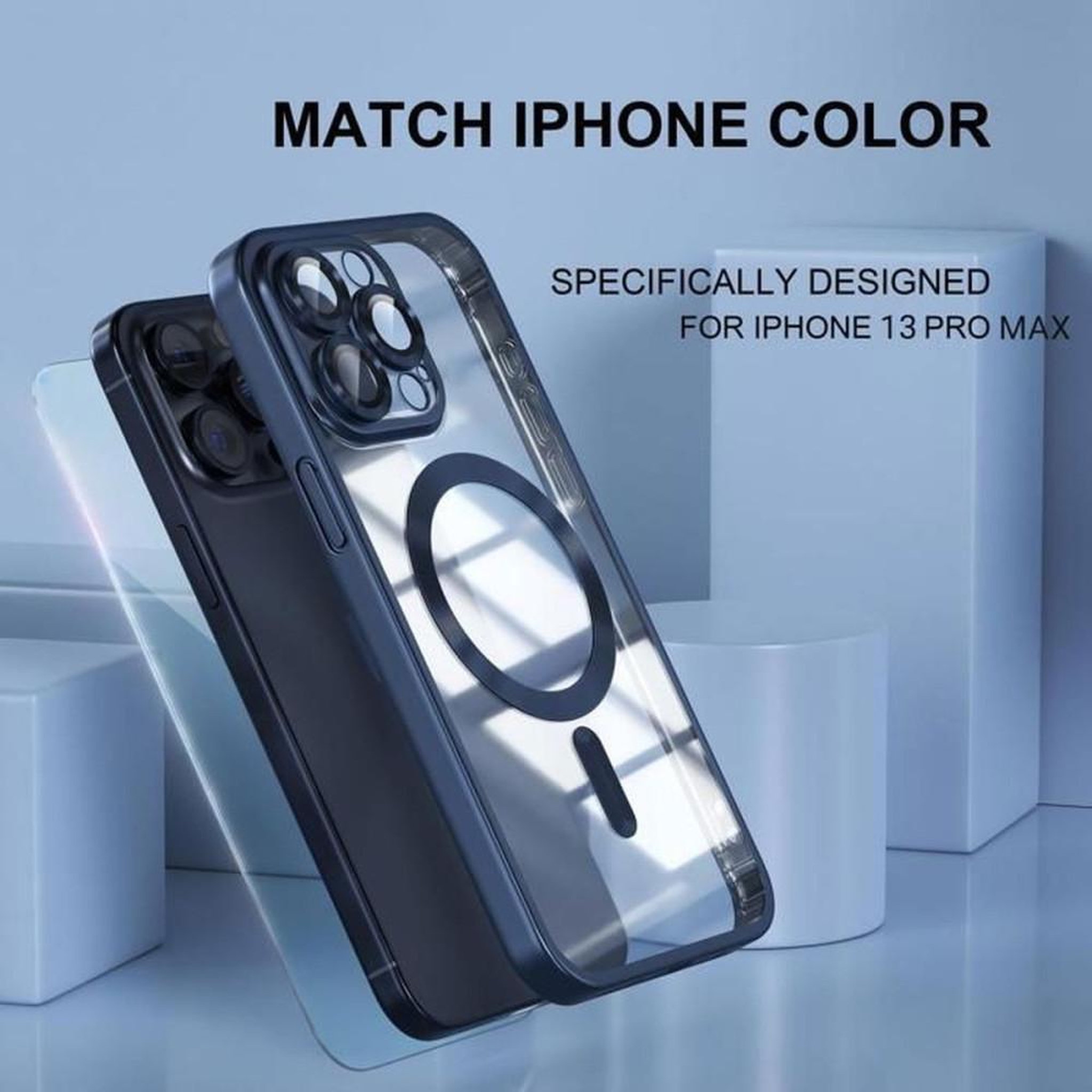 Voir la diapositive 5 : Coque bumper magnétique TPU pour iPhone 13 Pro Max, transparente bleu, protection anti-chute style militaire, résistante aux UV anti-jaunissement, accès boutons et ports, alignement recharge sans fil