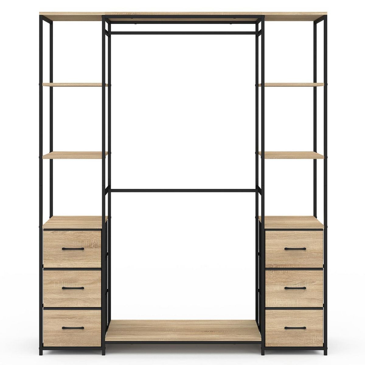 ID MARKET Dressing double penderie + double colonne L. 140 cm UTAH avec 6 étagères et 6 bacs en tissu bois et noir