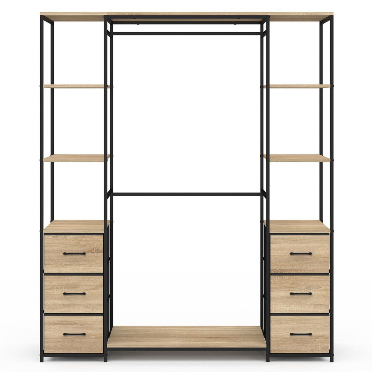 ID MARKET Dressing double penderie + double colonne L. 140 cm UTAH avec 6 étagères et 6 bacs en tissu bois et noir