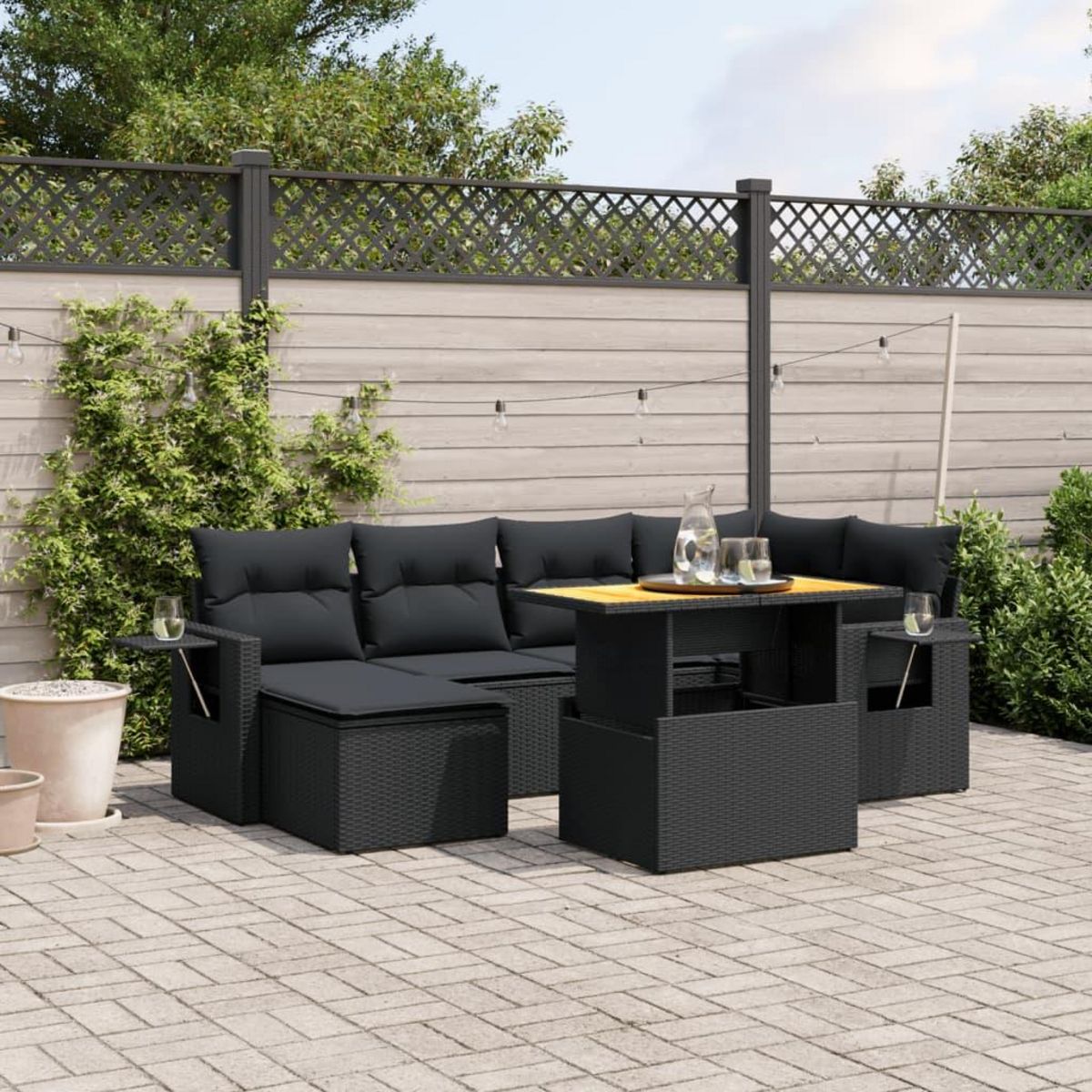 VIDAXL Salon de jardin 7 pcs avec coussins noir resine tressee