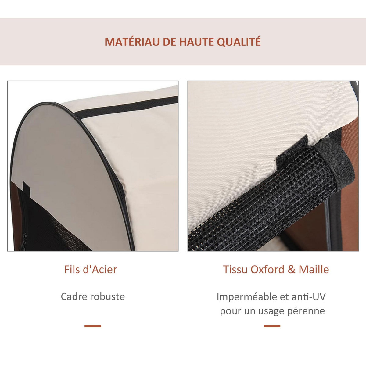 PAWHUT Sac de transport pour chien et chat pliable - poignée, entrée zippée, fenêtres maillées enroulables- coussin inclus - acier oxford marron beige