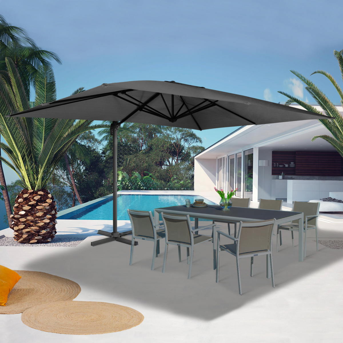 ID MARKET Parasol déporté inclinable rotatif 360 CALVI gris 3x4 M avec housse