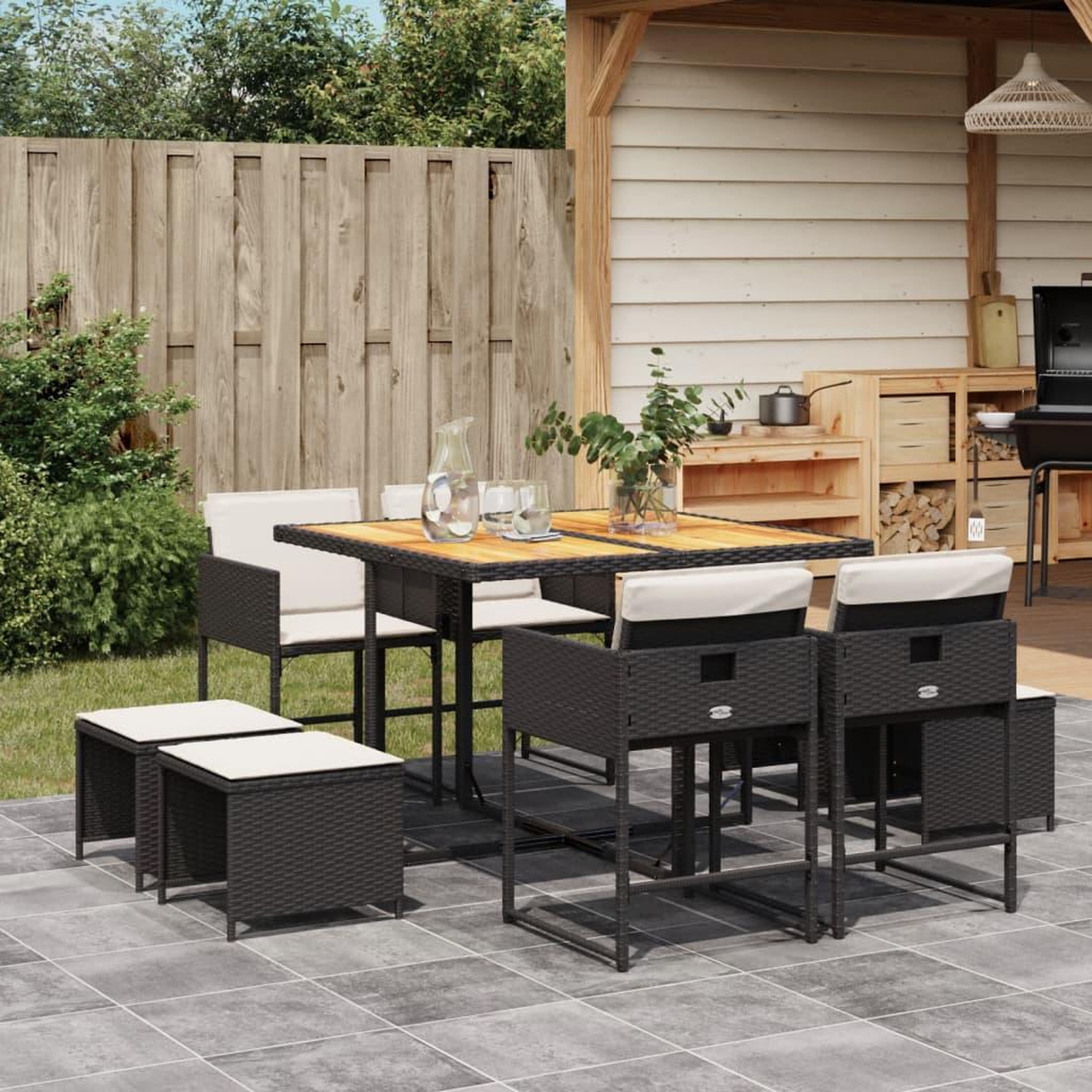VIDAXL Ensemble a manger de jardin 9pcs coussins noir resine tressee