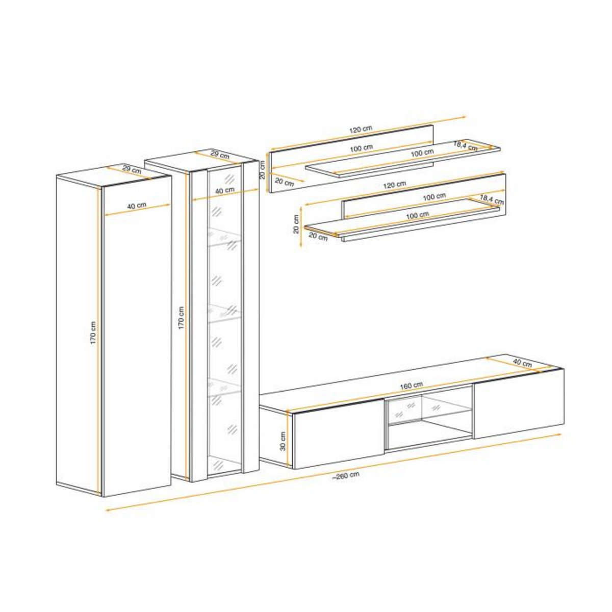 Paris Prix Meuble TV Mural Design  Fly LXXXVIII  260cm Noir