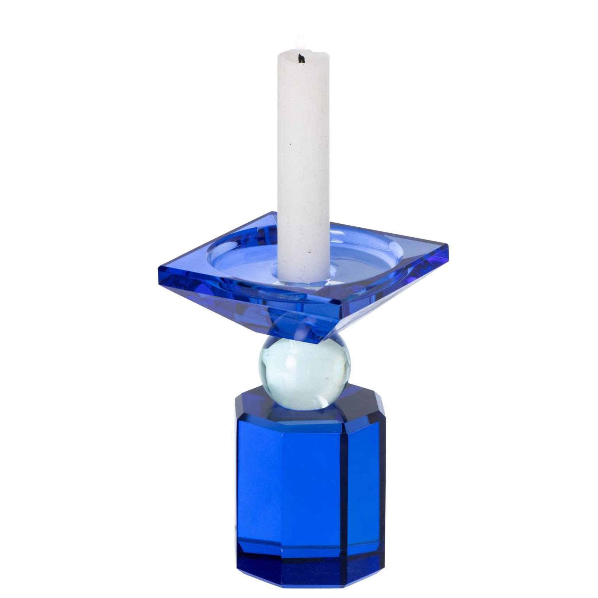 Voir la diapositive 2 : J-LINE Bougeoir design en verre  taillé  13cm bleu