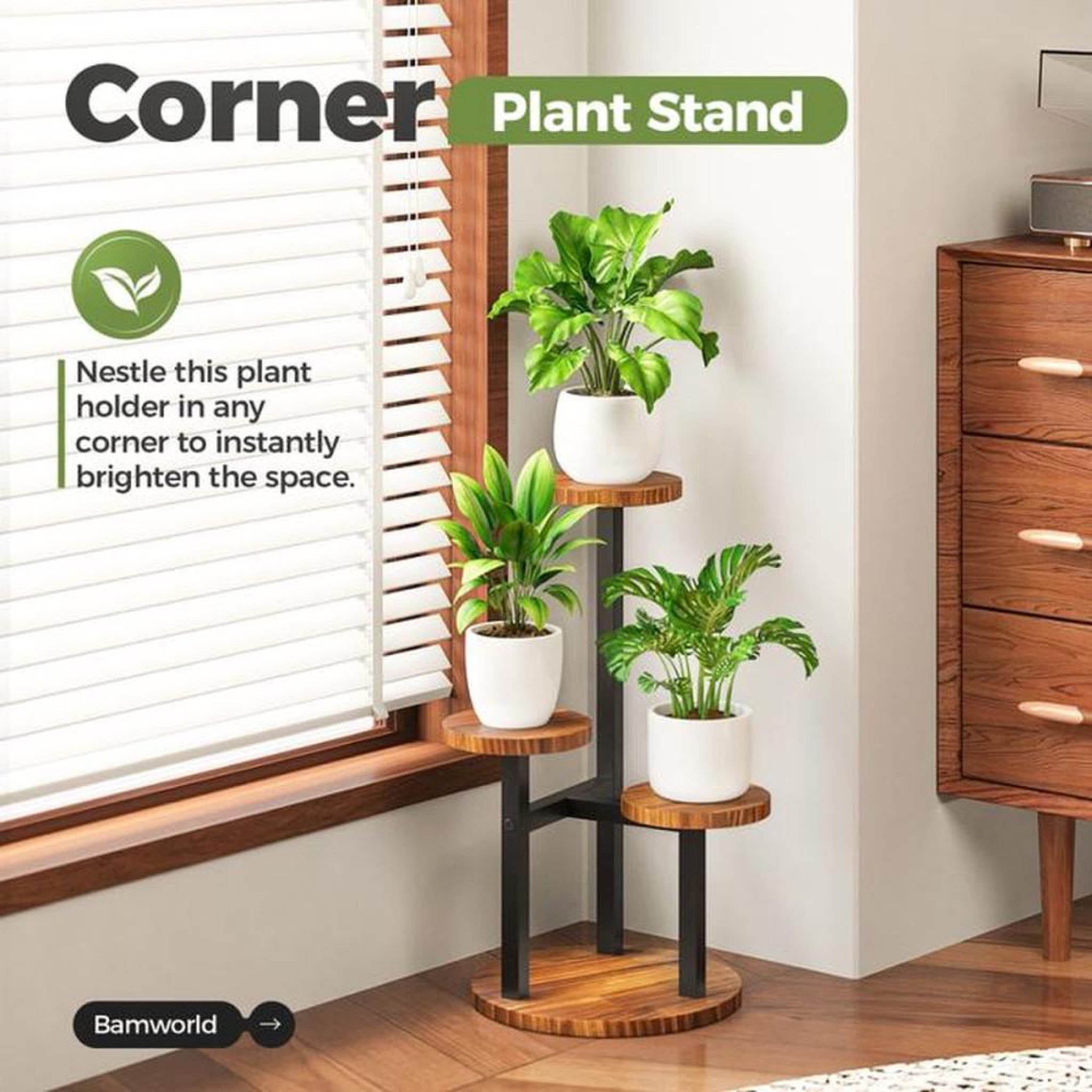 Voir la diapositive 3 : Support à plantes 3 niveaux métal avec tablettes rondes en bois, jaune asymétrique pour intérieur et extérieur