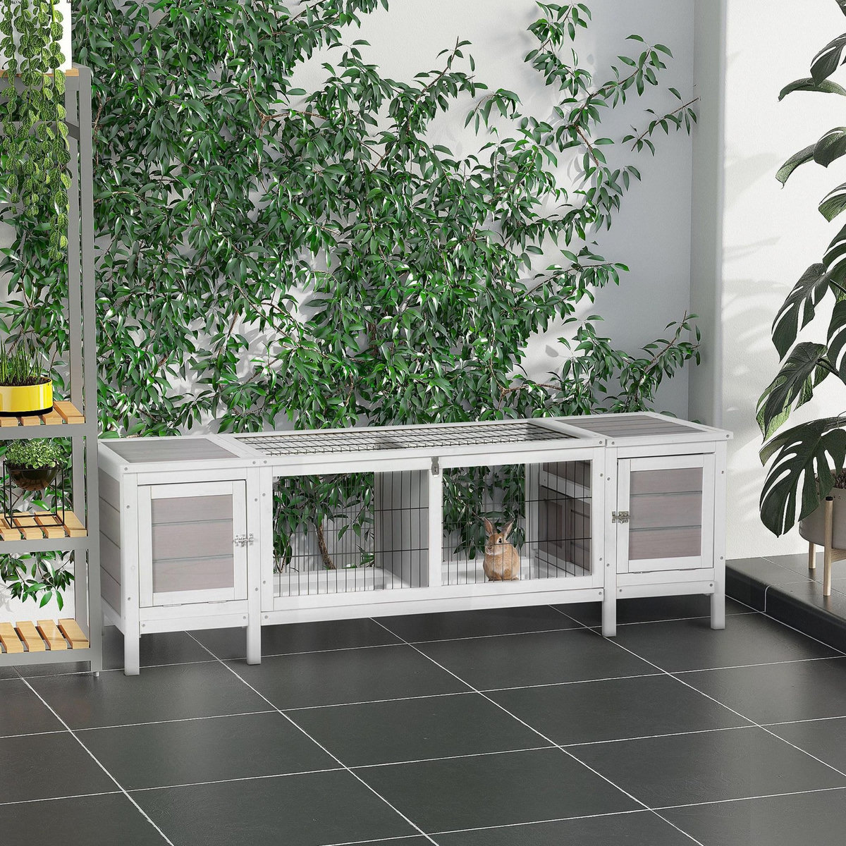 PAWHUT Clapier cage à lapin 2 portes toit ouvrant cloison amovible 2 niches plateaux déjection blanc gris