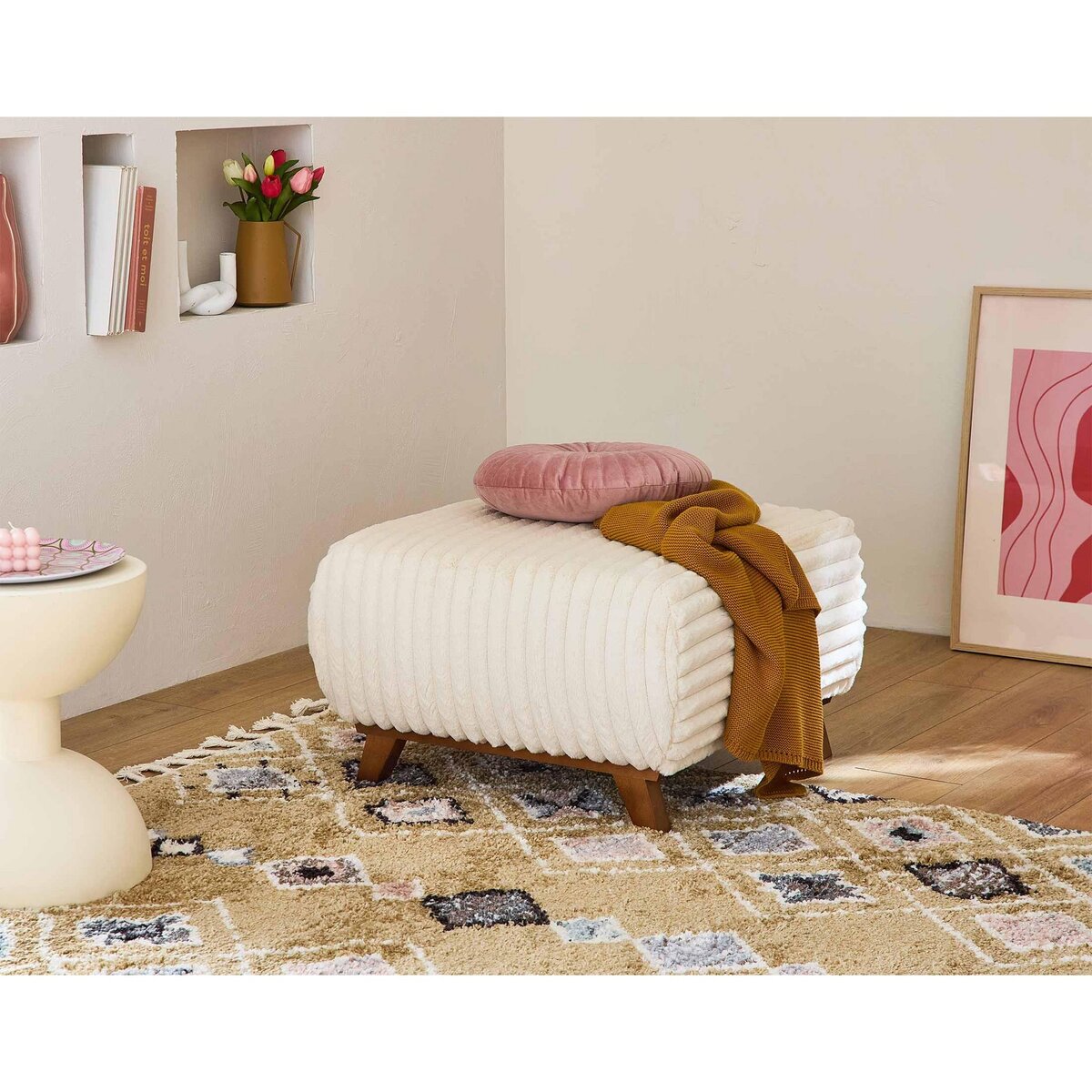 BEST MOBILIER Cristal - pouf modulable - 65 cm - en fausse fourrure côtelée