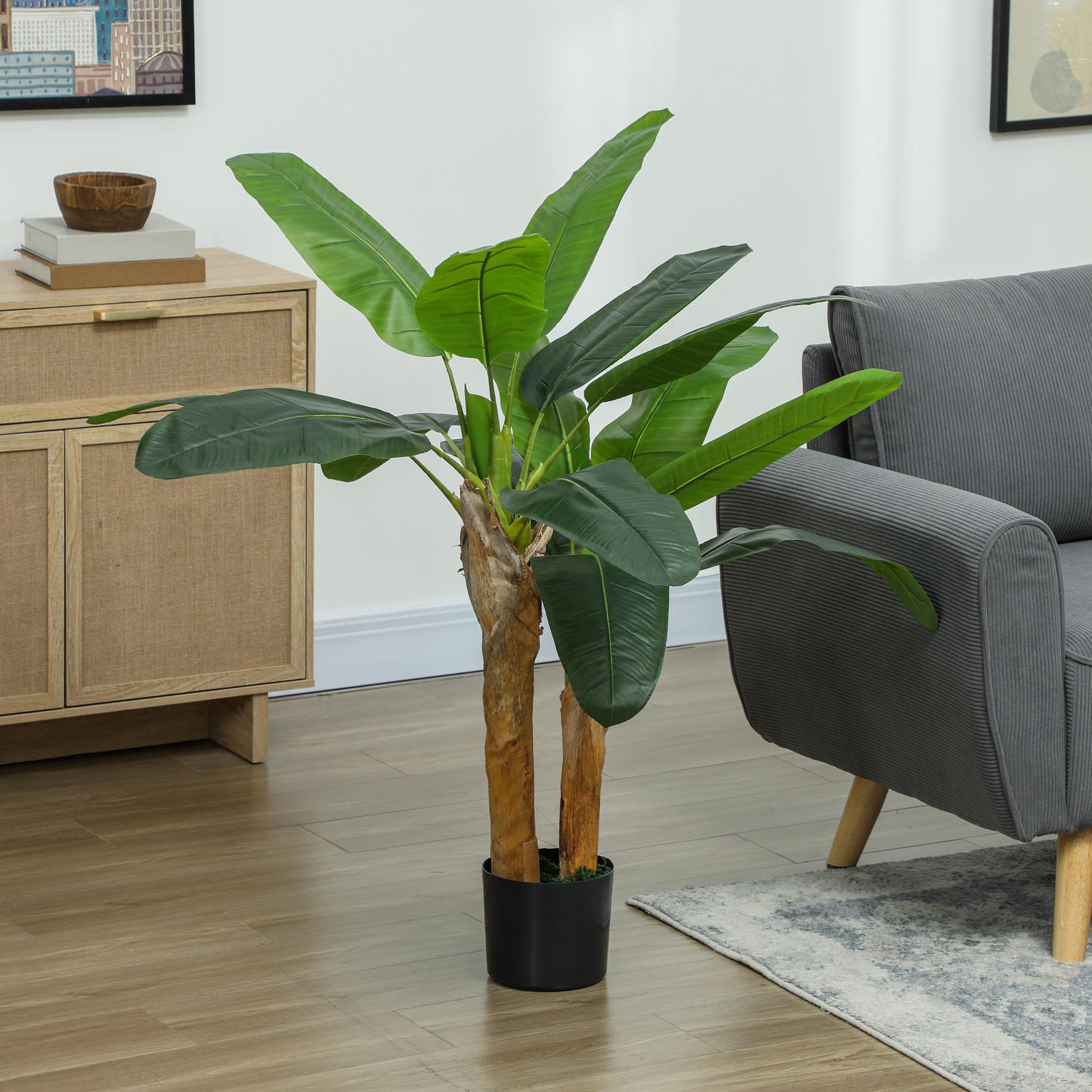 Voir la diapositive 5 : HOMCOM Lot de 2 plantes artificielles bananiers H.120 cm - grand réalisme - 15 feuilles - mousse effet lichen pots inclus