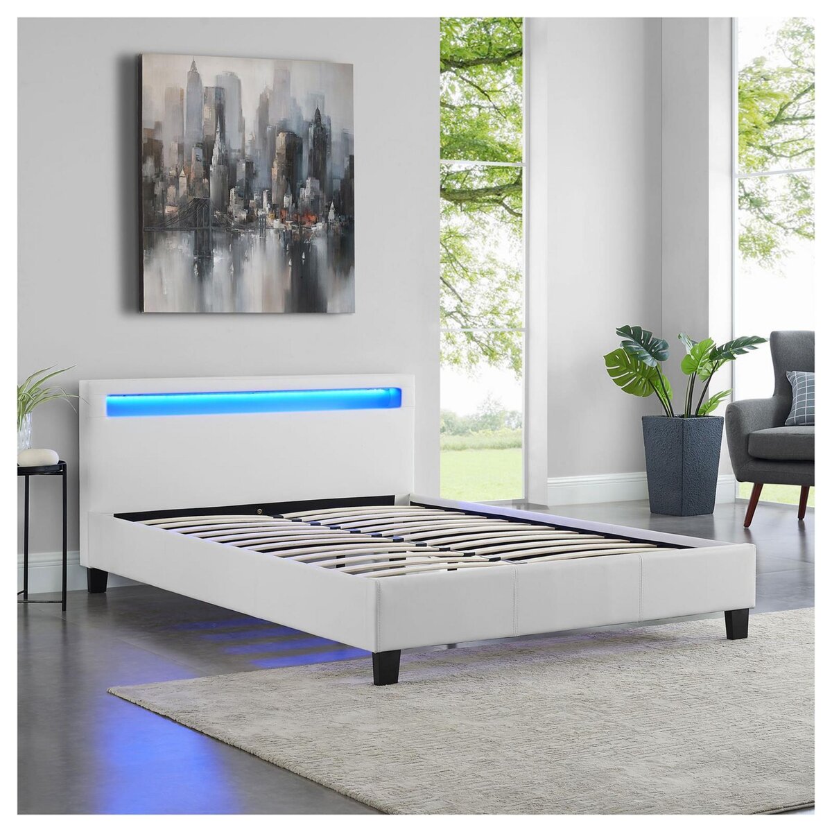 IDIMEX Lit LED double RIOJA 140x190 cm, avec sommier, revêtement tissu