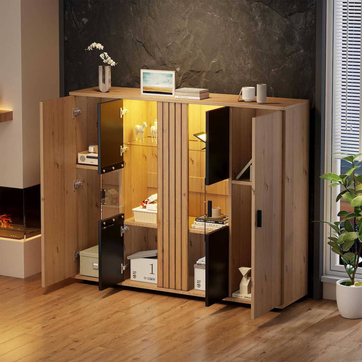 MERAX Buffet 4 porte(s) 0 tiroir(s) - 140 cm naturel+noir led panneau de particules