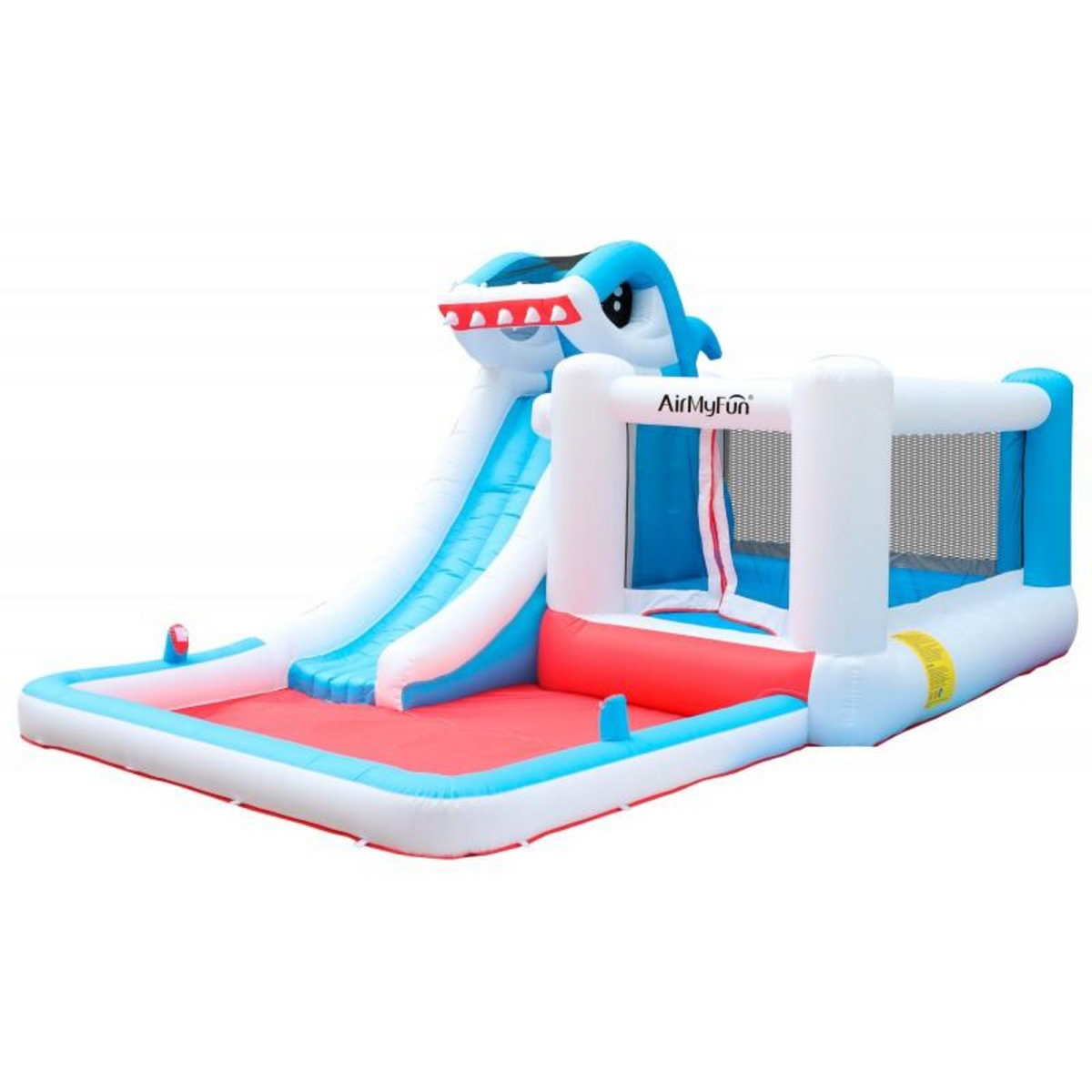 AIRMYFUN Château Aquatique Gonflable pour enfants 4,80m - Aire de jeux avec Toboggan et Piscine - Sharky Bay