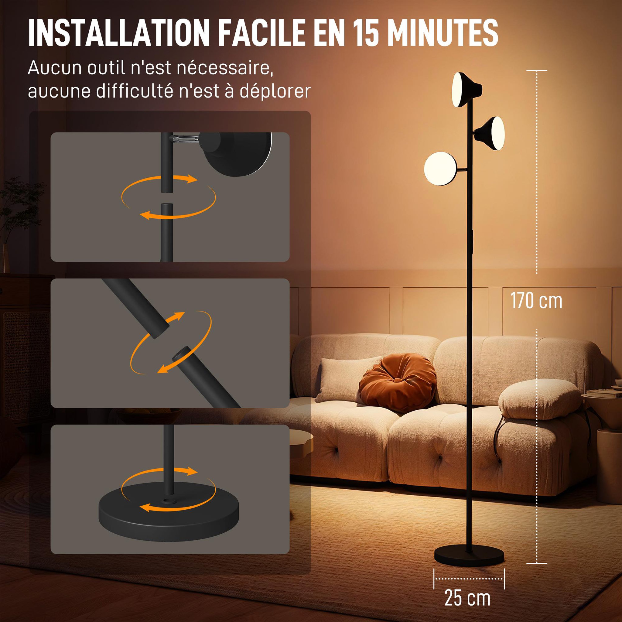 Voir la diapositive 4 : HOMCOM Lampadaire LED RGB 36W 3 têtes rotatives 2700K-6000K 4150 lm intensité variable télécommande