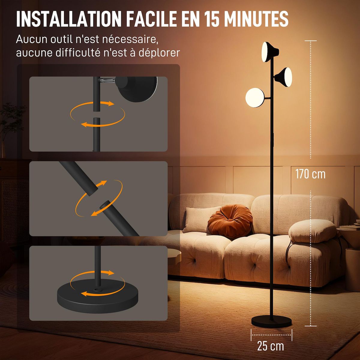 HOMCOM Lampadaire LED RGB 36W 3 têtes rotatives 2700K-6000K 4150 lm intensité variable télécommande