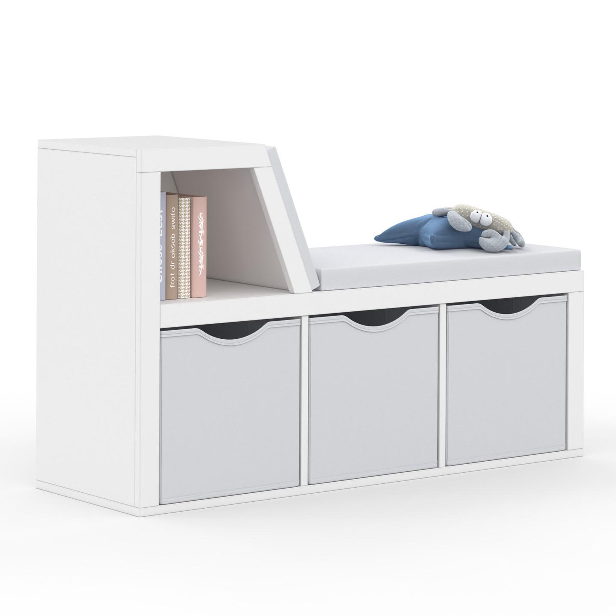ID MARKET Bibliothèque banc oscar 4 cases avec coussins gris et bacs tissus 102 cm blanc