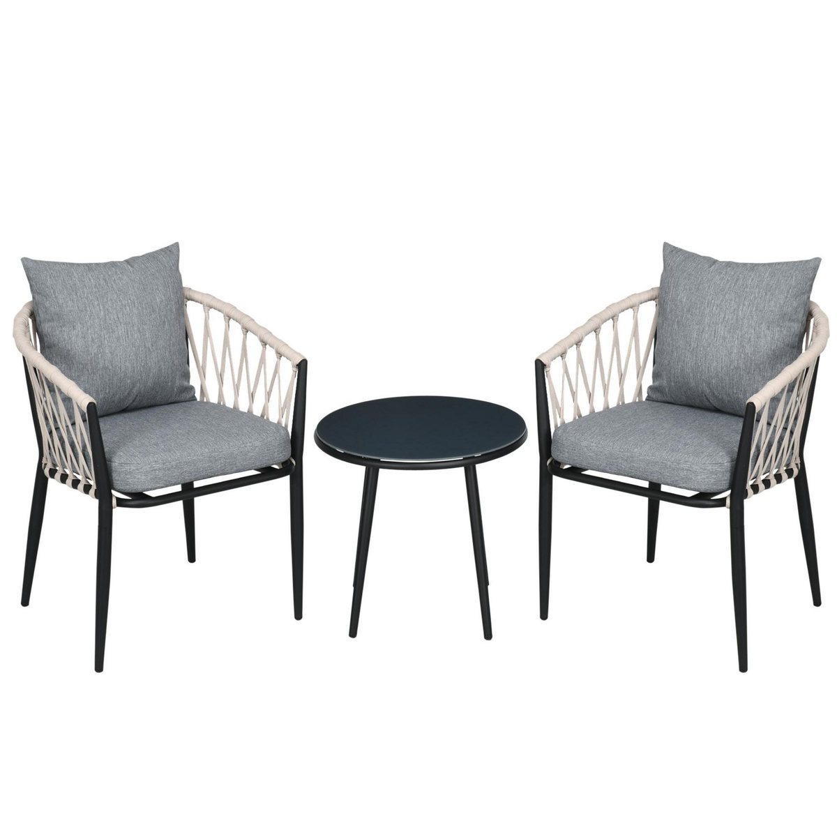 OUTSUNNY Salon de jardin 2 personnes 3 pièces 2 fauteuils avec coussins table basse ronde plateau verre trempé corde tressée métal gris