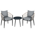 OUTSUNNY Salon de jardin 2 personnes 3 pièces 2 fauteuils avec coussins table basse ronde plateau verre trempé corde tressée métal gris