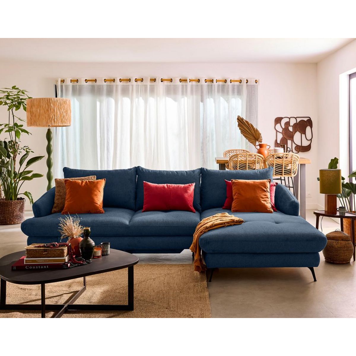 LISA DESIGN Ninon - canapé d'angle droit 4 places convertible avec coffre en tissu texturé