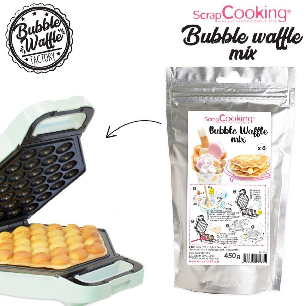 SCRAPCOOKING Machine à Bubble Waffle et préparation pour gaufres 450 g