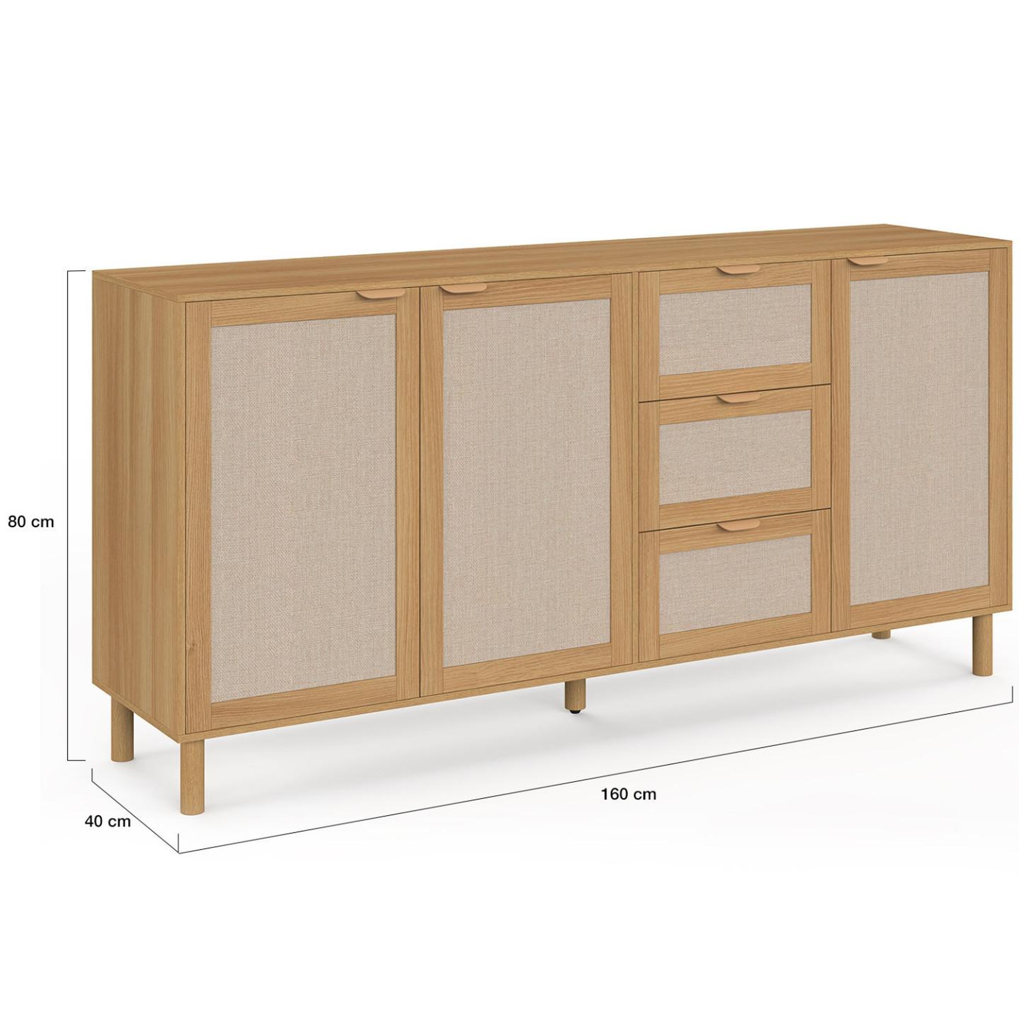Voir la diapositive 5 : ID MARKET Buffet 160 cm ROBIN 4 portes avec 3 tiroirs meuble de rangement bois et tissu effet lin