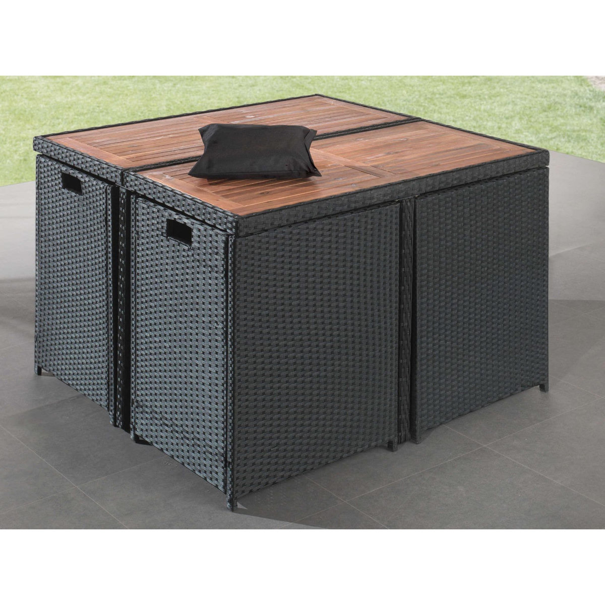 BEST MOBILIER Cuba - salon de jardin encastrable 8 places - en résine tressée - noir avec coussins gris + housse de protection