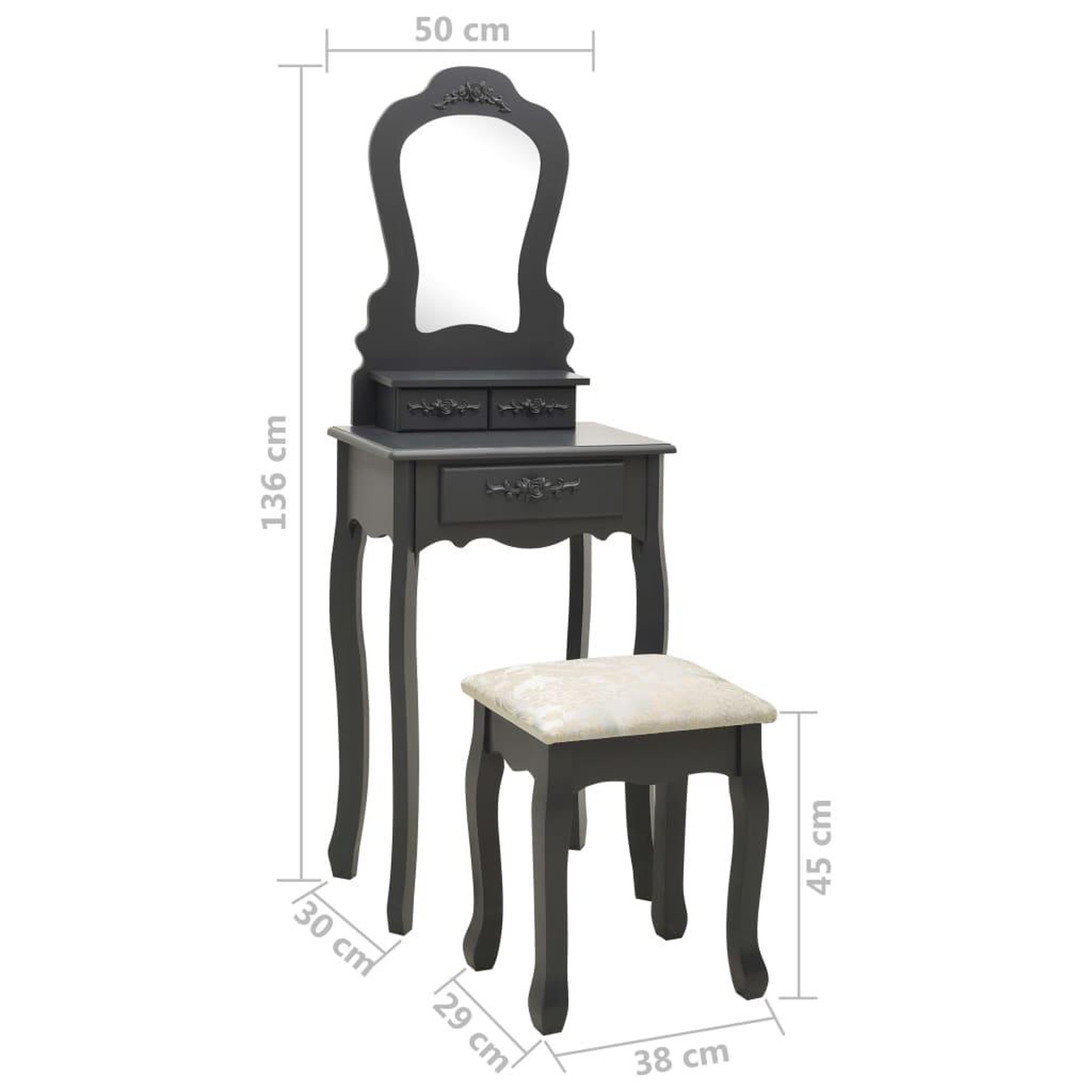 Voir la diapositive 6 : VIDAXL Ensemble de coiffeuse avec tabouret Gris 50x59x136 cm Paulownia