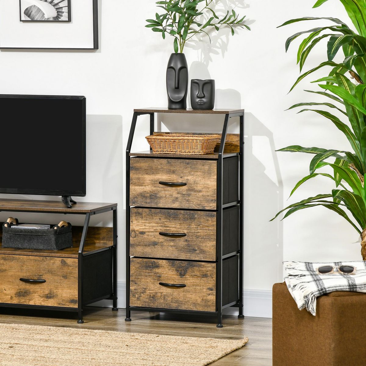 HOMCOM Meuble de rangement colonne design industriel - 3 tiroirs, niche, étagère - châssis acier noir MDF aspect bois avec veinage