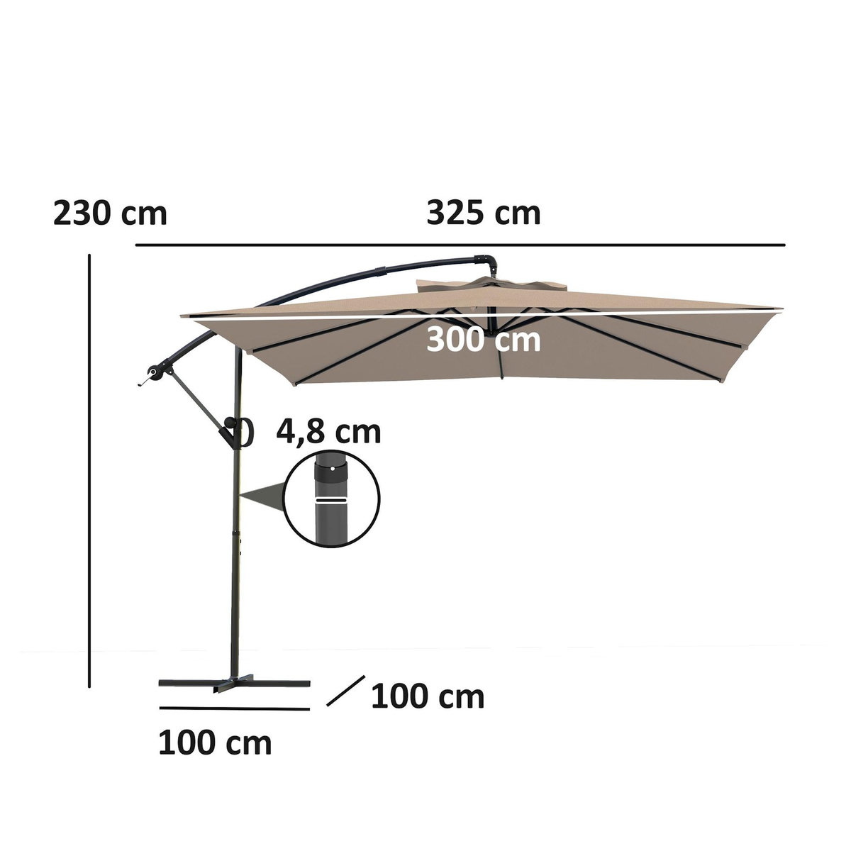 OUTSUNNY Parasol déporté carré 3 x 3 m réglable piètement croix manivelle tissu haute densité 180g/m² UPF50+ kaki