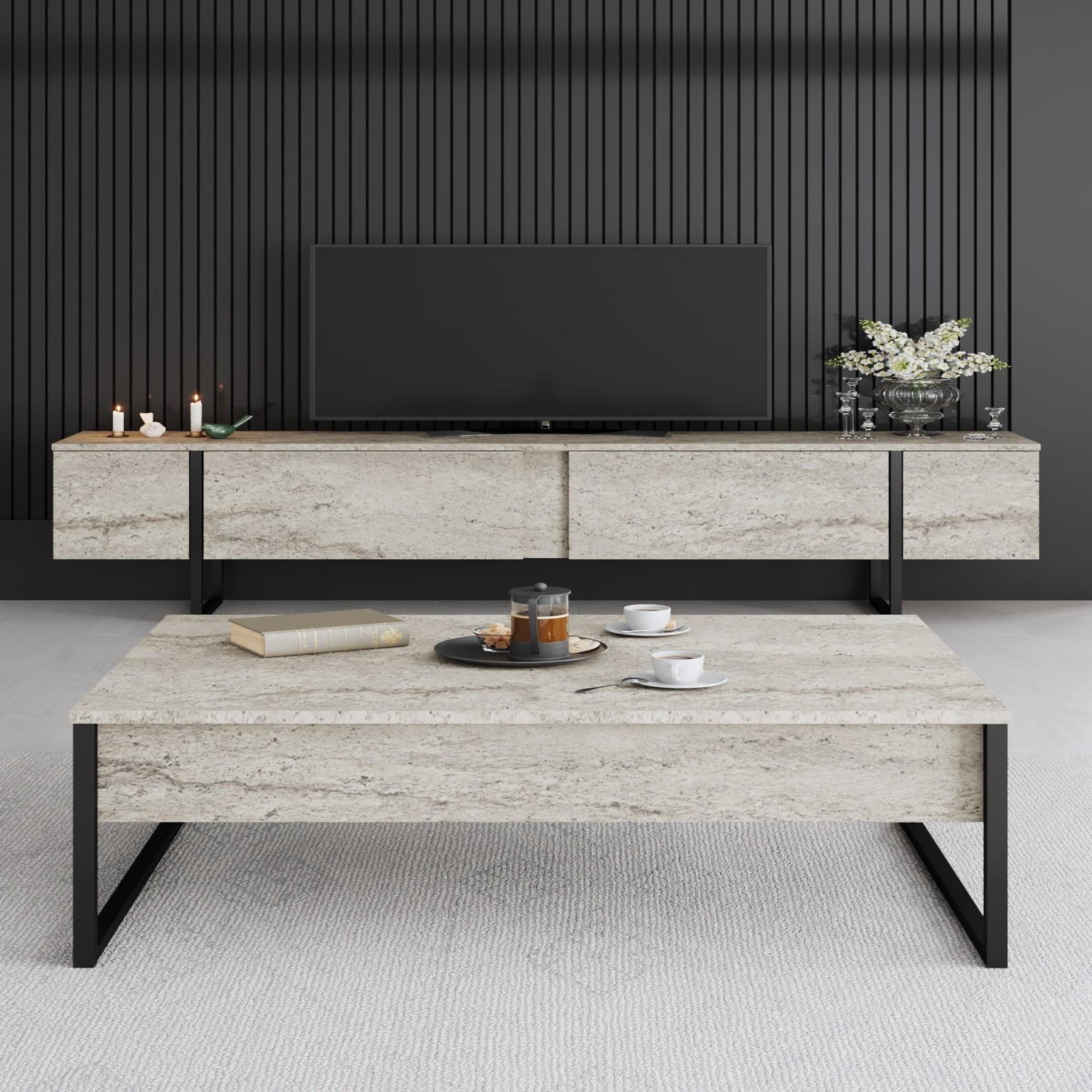 Voir la diapositive 4 : Habitat et Jardin Meuble tv en bois  luxe  - 180 x 30 x 50 cm - travertinnoir