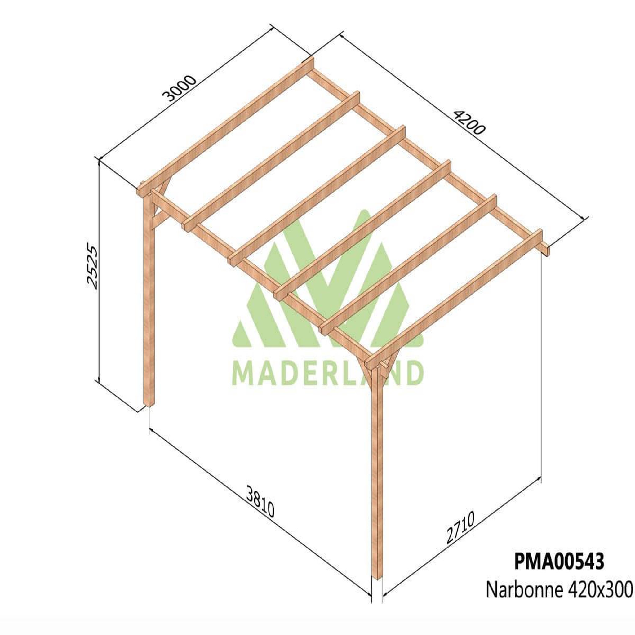 Voir la diapositive 2 : JARDIDECO Pergola adossée en bois massif narbonne 420 x 300 cm - maderland