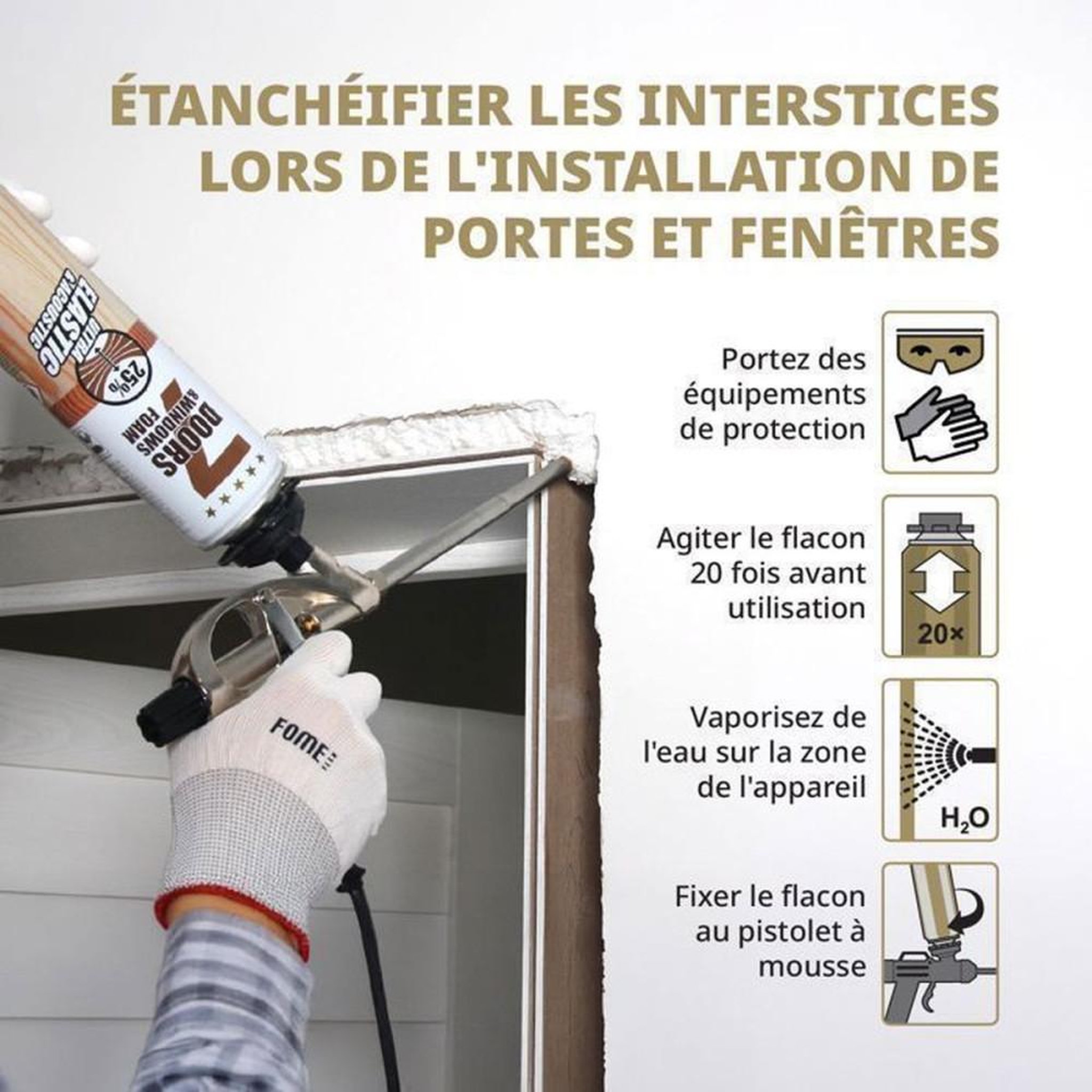 Voir la diapositive 2 : Mousse polyuréthane élastique monocomposant pour pistolet, faible expansion, 25% de mouvement, isolation et étanchéité portes-fenêtres, 750 ml