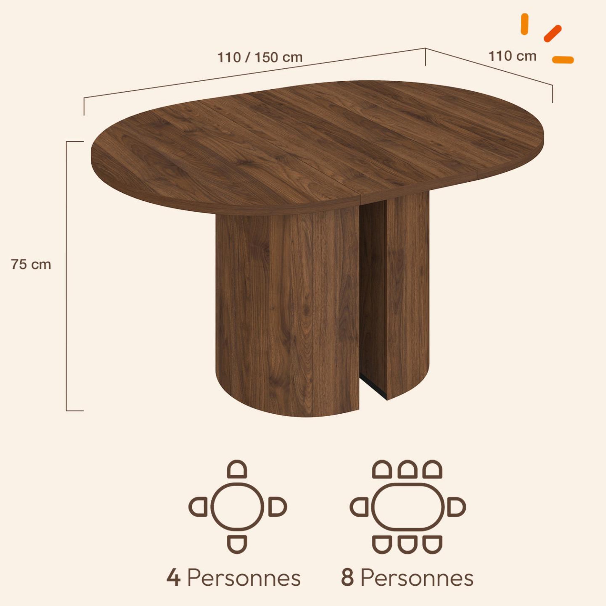Voir la diapositive 4 : ID MARKET Table à manger extensible ronde michelle 4-8 personnes 2 pieds réversibles noyer 110-150 cm