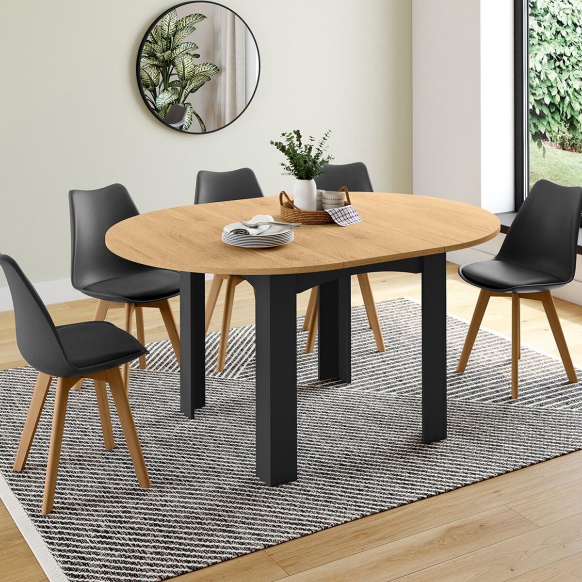 ID MARKET Table à manger extensible ronde DONA 4-8 personnes noire plateau façon hêtre 110-150 cm