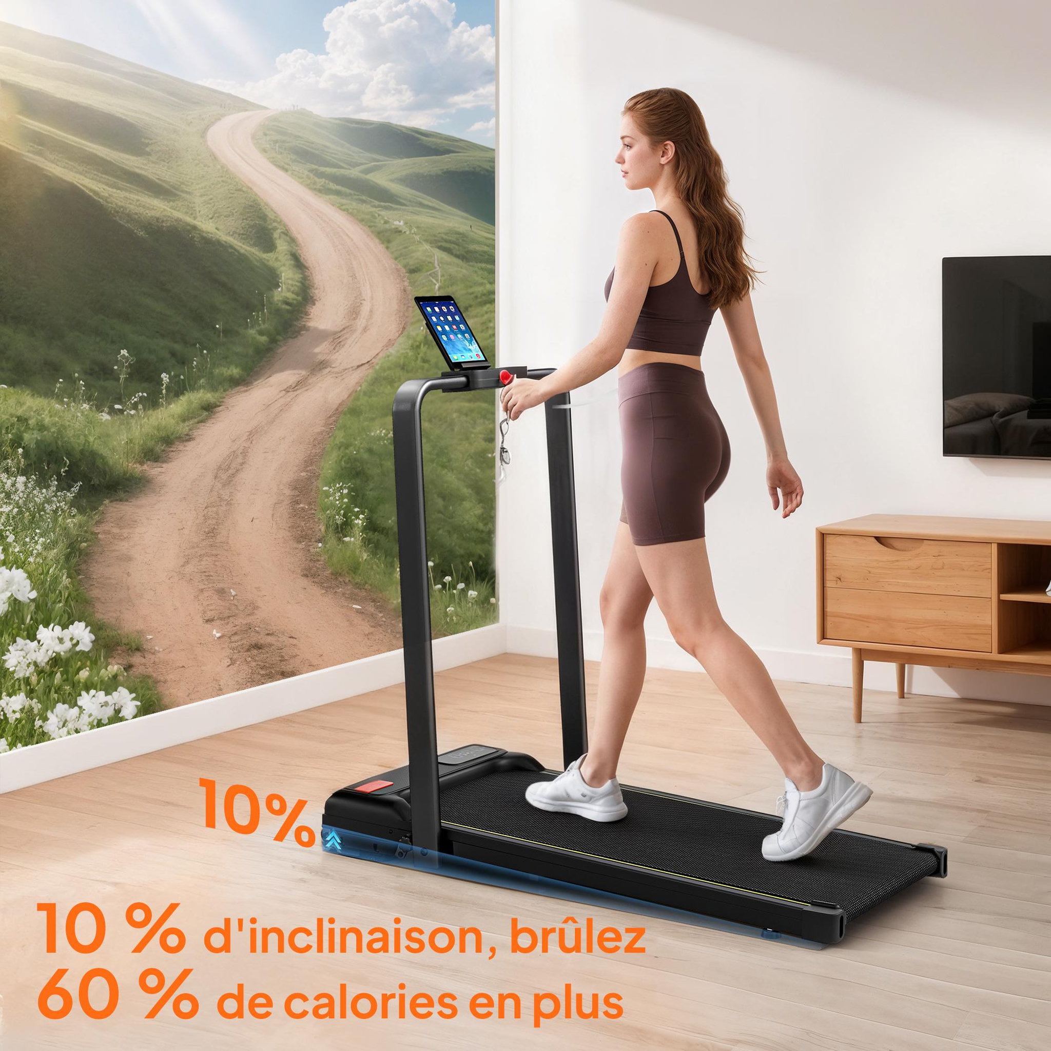 Voir la diapositive 6 : HOMCOM Tapis de marche pliable 1-6km/h inclinaison réglable 4% max. Télécommande affichage led clé sécurité