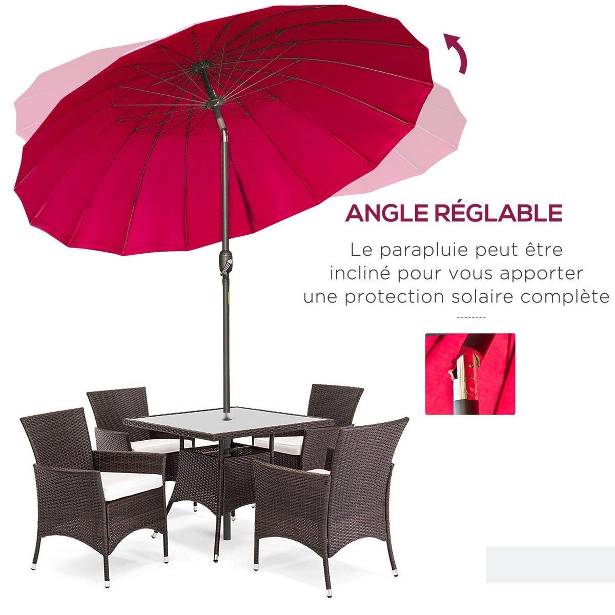 OUTSUNNY Parasol inclinable rond avec manivelle métal fibre de verre Ø 2,55 m polyester haute densité bordeaux