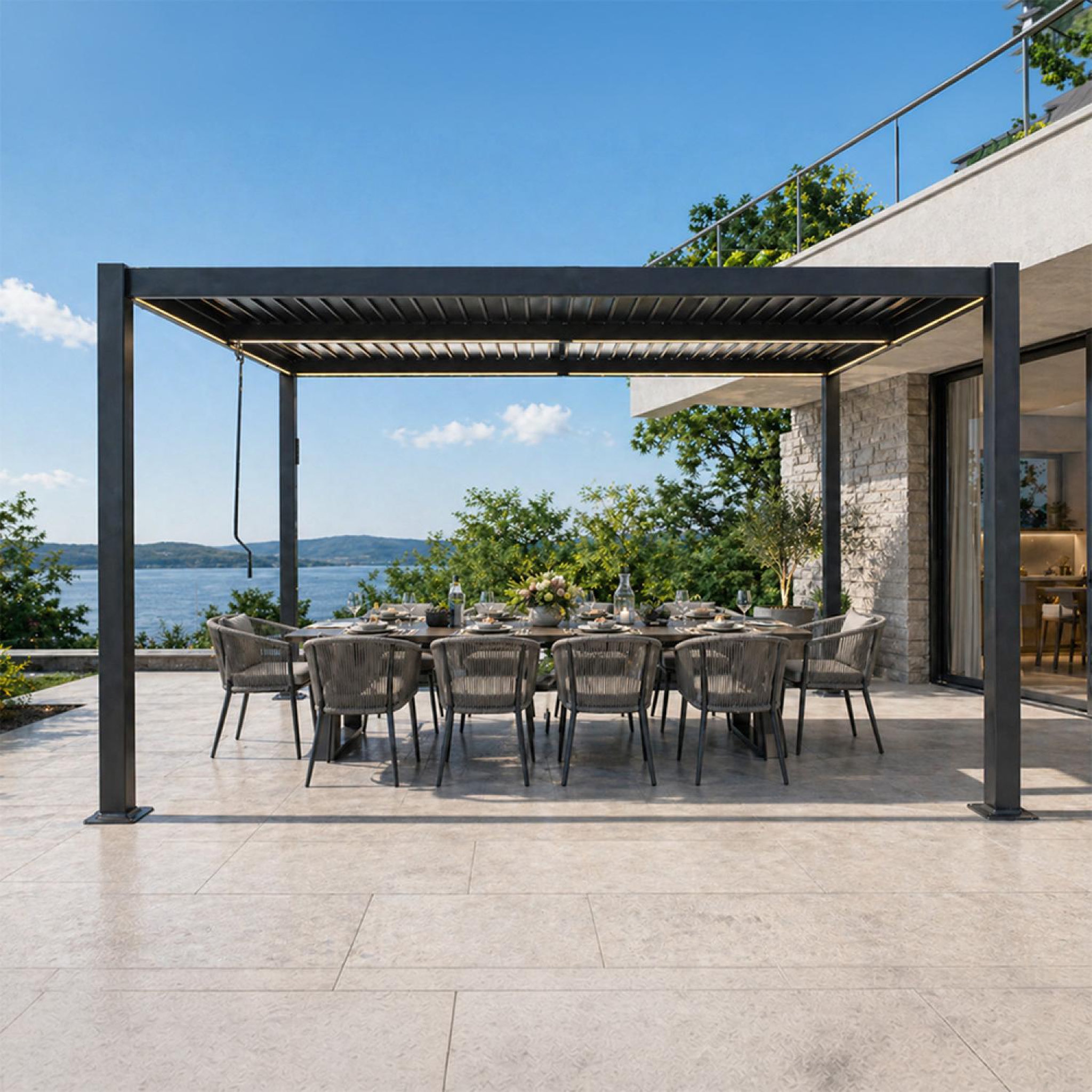 Voir la diapositive 4 : CONCEPT USINE Pergola bioclimatique à led 4x3m structure aluminium lames orientables corfu