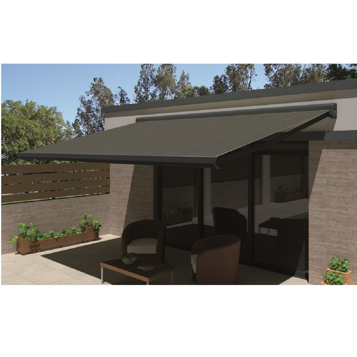 INTERSUN Store motorisé 6x3.5m OPTIMA toile unie coffre intégral gris 