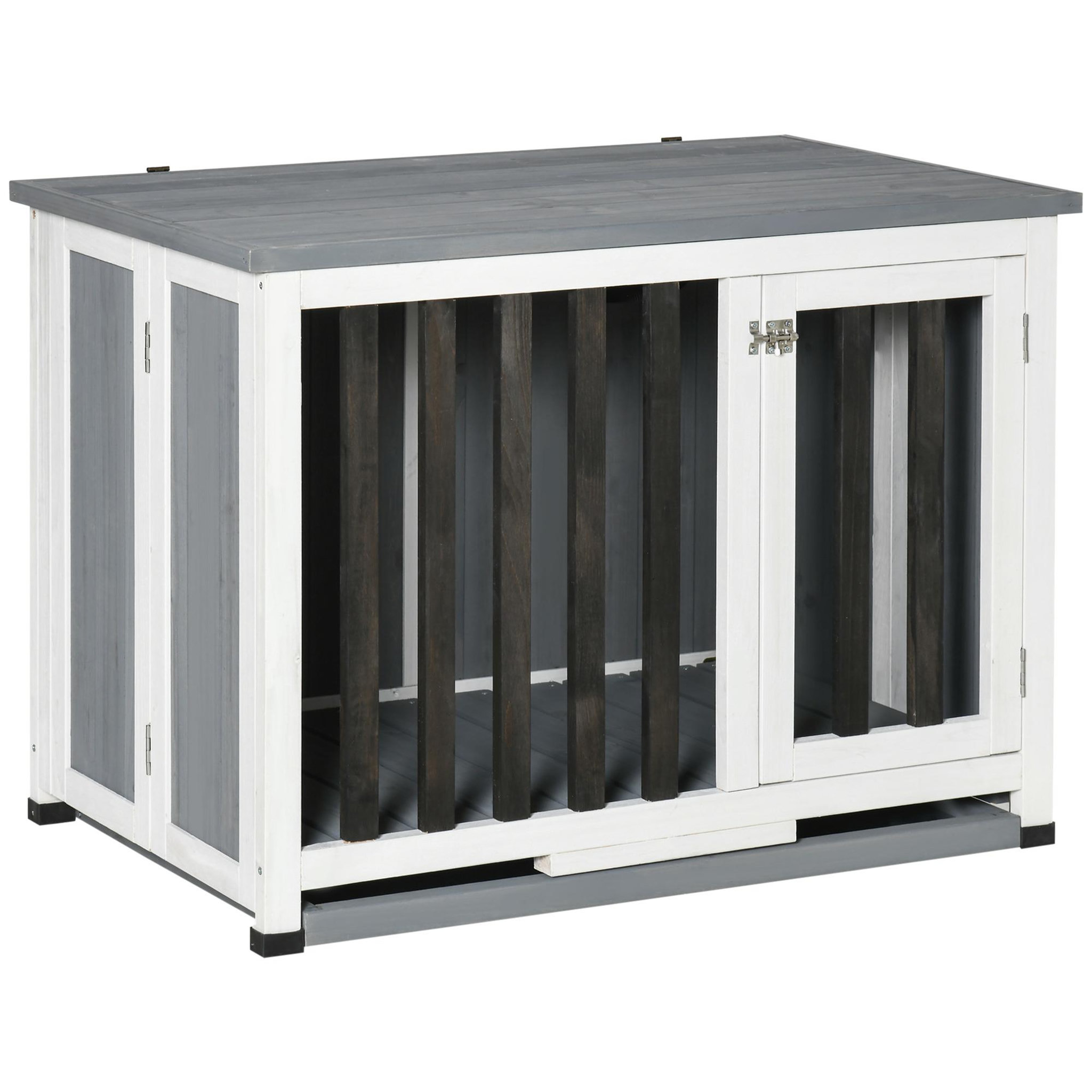 Voir la diapositive 1 : PAWHUT Cage pour chien animaux pliable dim. 84L x 51l x 61H cm porte verrouillable toit ouvrant plateau déjection bois sapin gris blanc noir