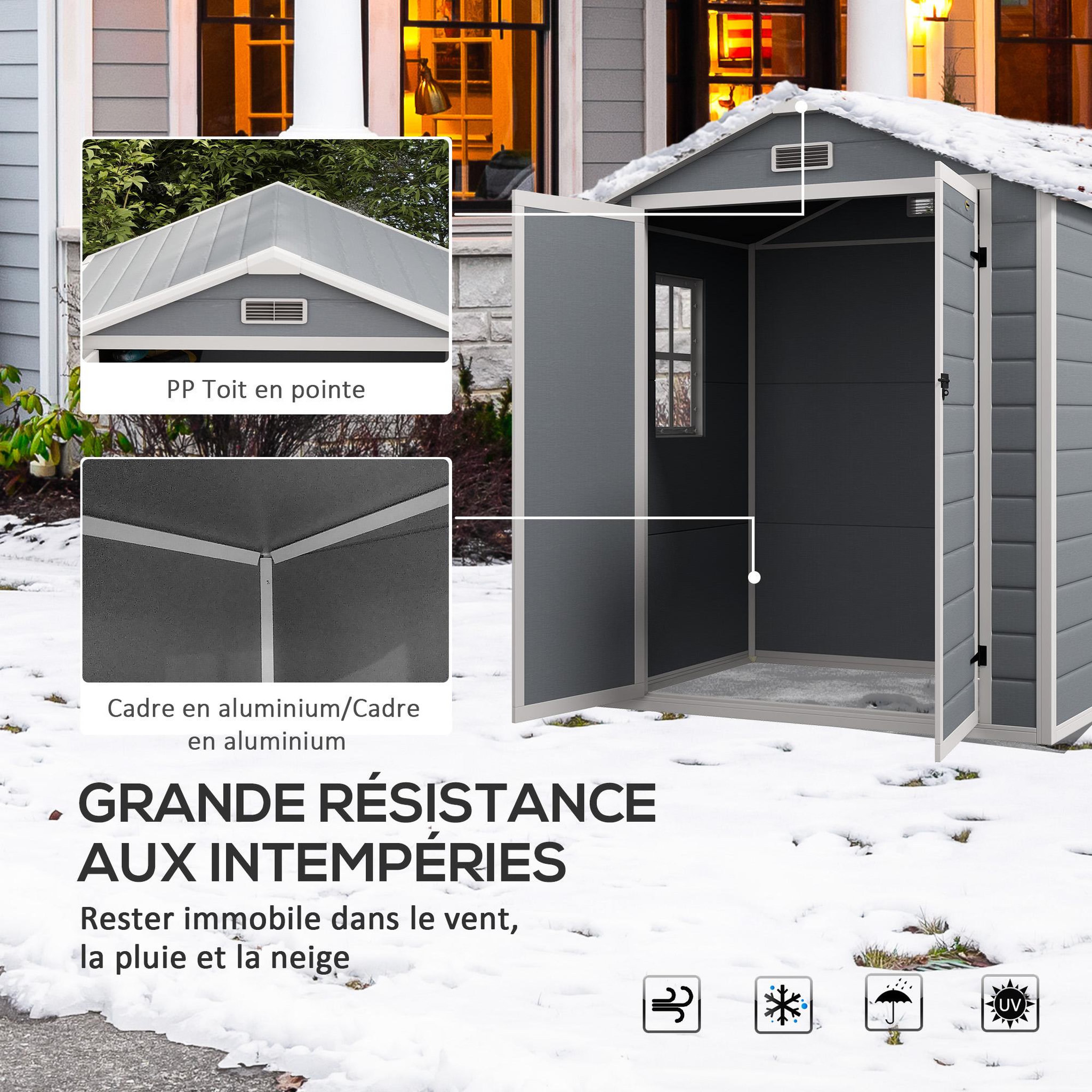 Voir la diapositive 5 : OUTSUNNY Abri de jardin cabanon 2,12 m² - 2 portes, fenêtre, aération, toit double pente - résine PP gris