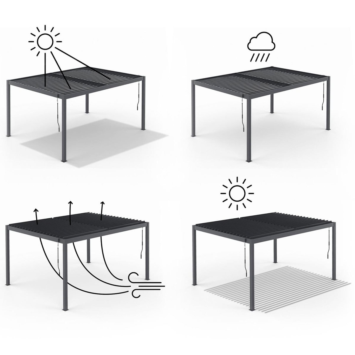 ID MARKET Pergola bioclimatique lames orientables acier 3x4 M rideaux et moustiquaire gris anthracite