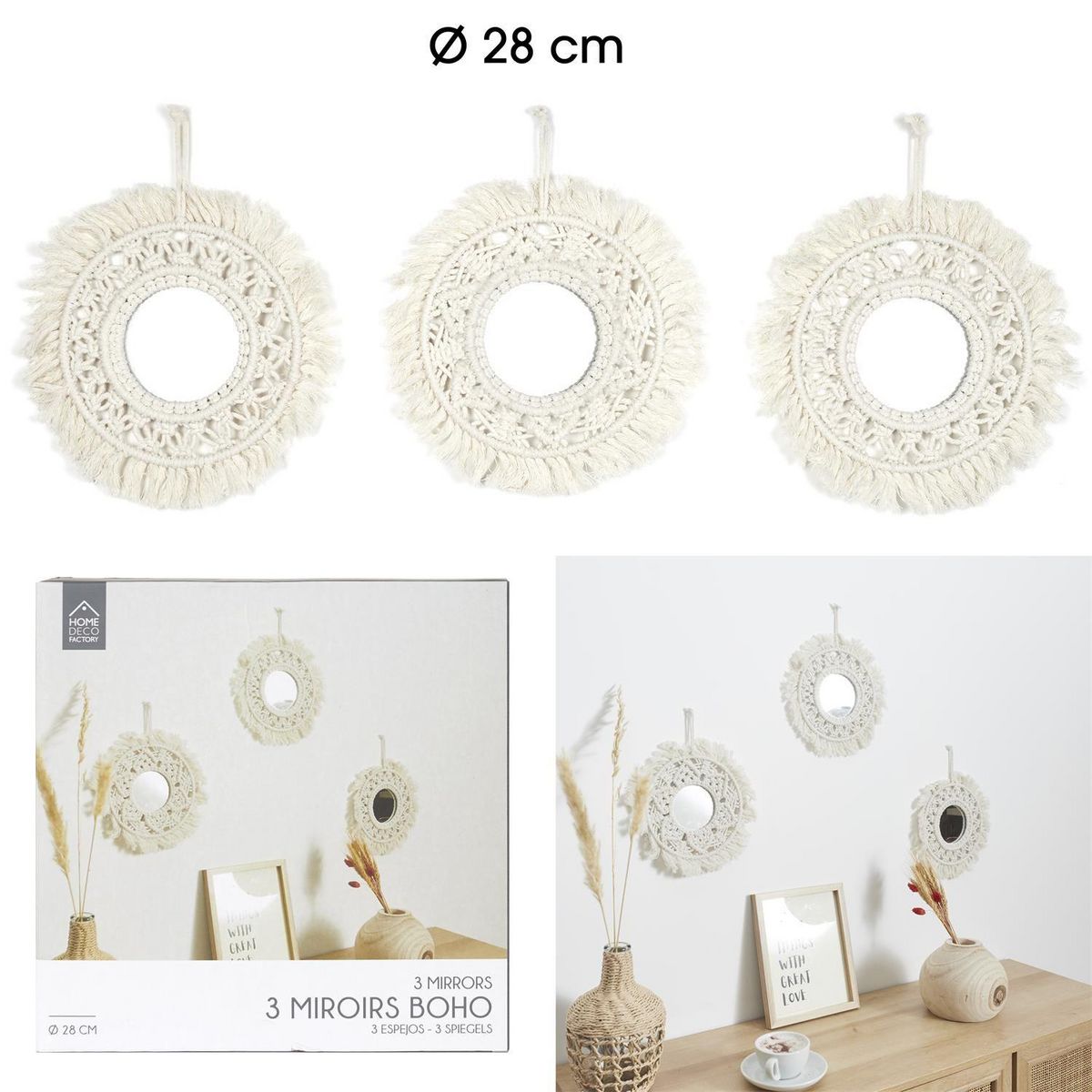 The Home Deco Factory Lot de 3 miroirs ronds bohème - Diam 28 Cm - Beige