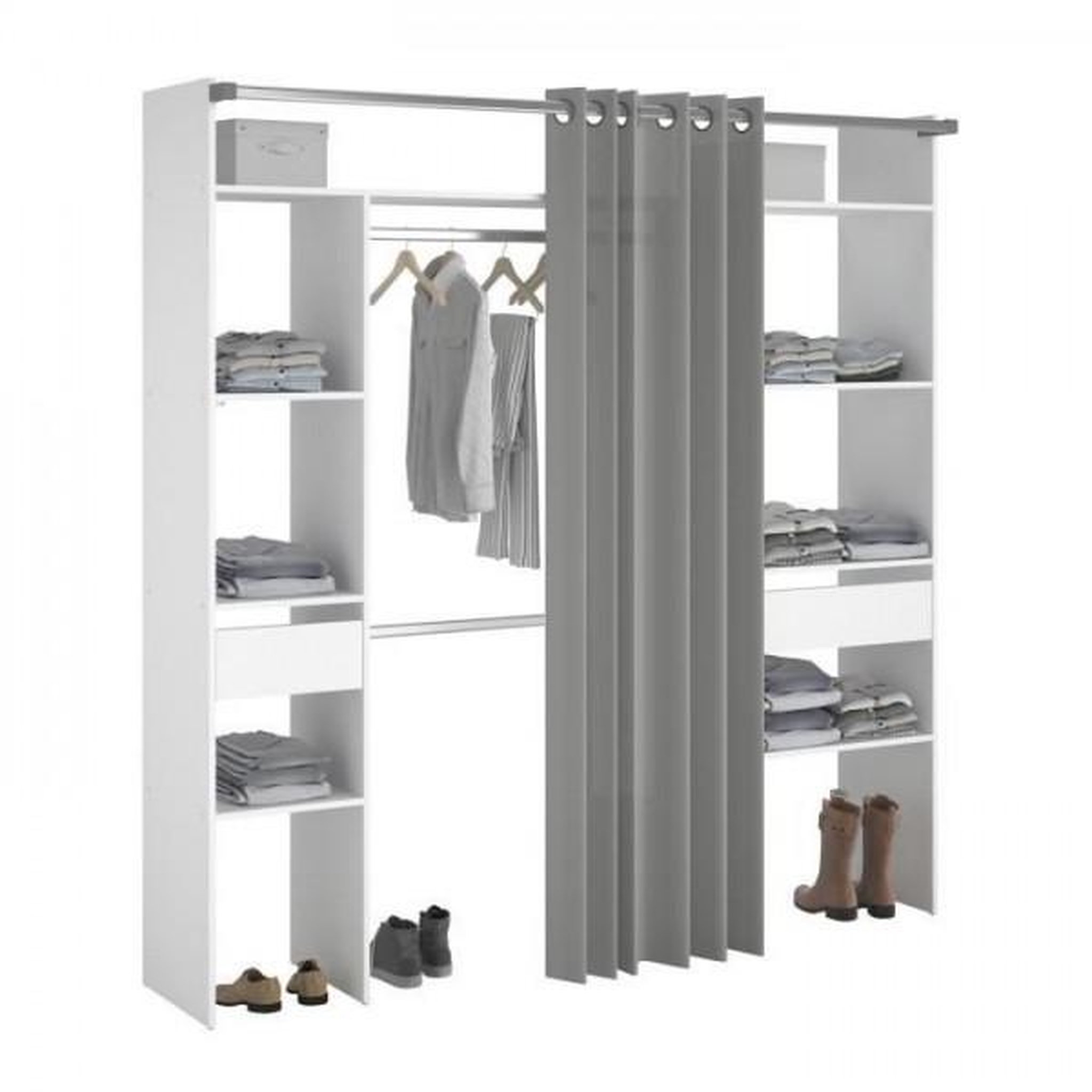 Voir la diapositive 4 : EKIPA Kit dressing ARTIC avec rideau - Décor Blanc - 2 colonnes + 2 penderies + 2 tiroirs - L 198 x P 40 x H 203 cm - EKIPA