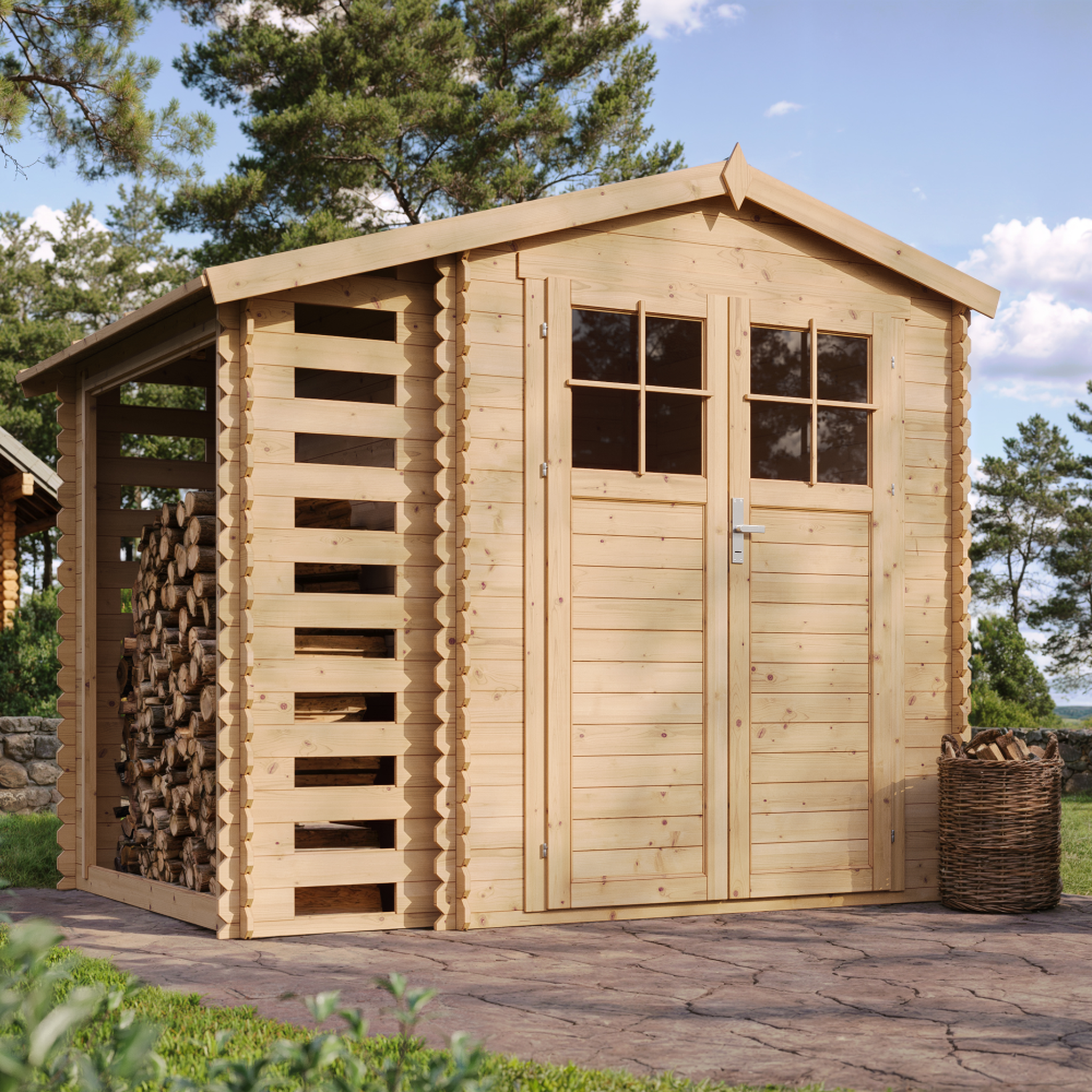 Voir la diapositive 4 : TIMBELA Abri de jardin en bois et range bûches avec sol traité - 3,53 + 0,97m2 m386f+m386g
